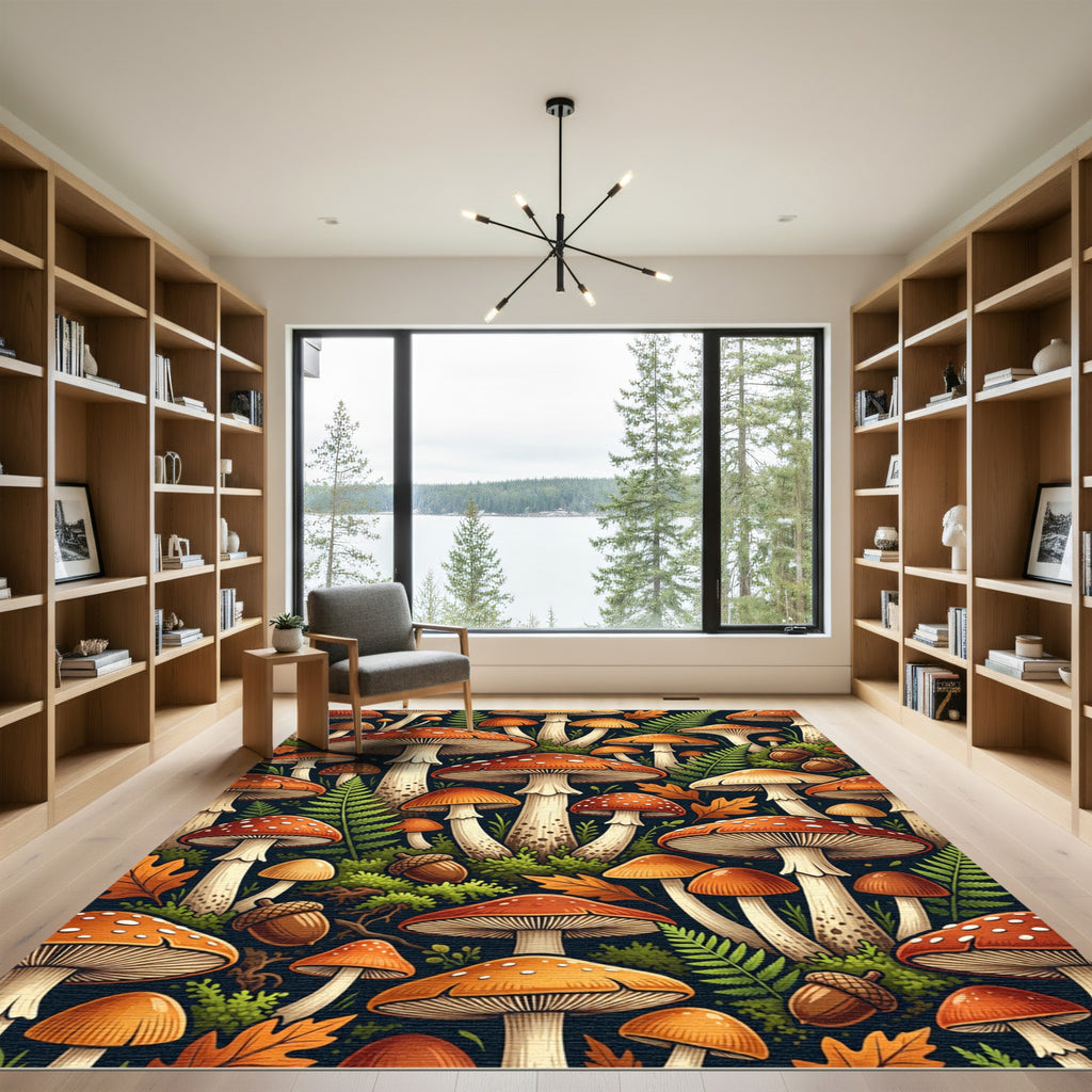 Whimsical Autumnal Woodland Mushroom Forest Illustration Rug