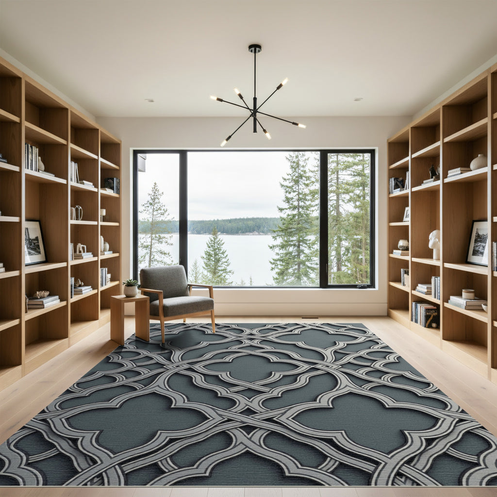 Sophisticated Gray Interlocking Quatrefoil Tile Rug