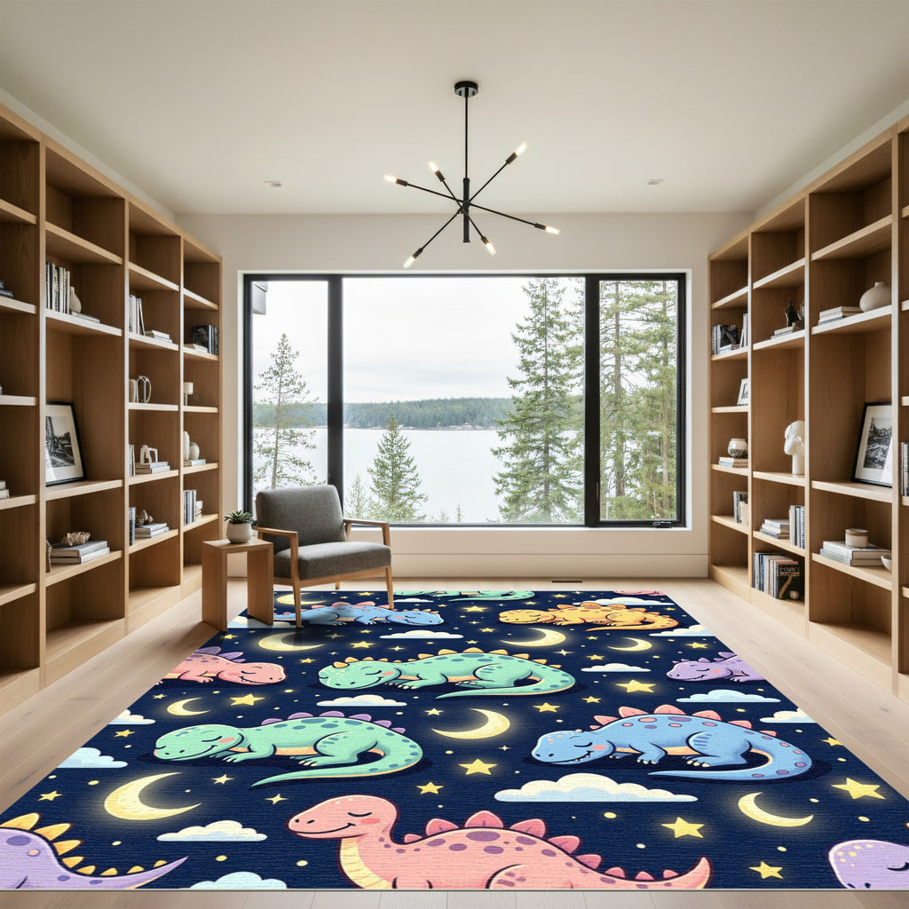Whimsical Sleeping Dinosaur Starry Night Rug