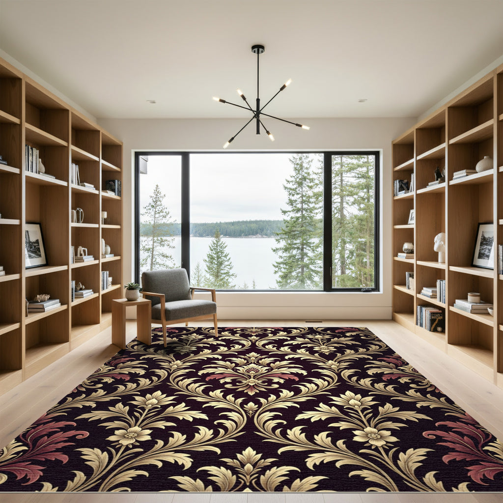 Golden Damask Floral Scroll Noir Rug