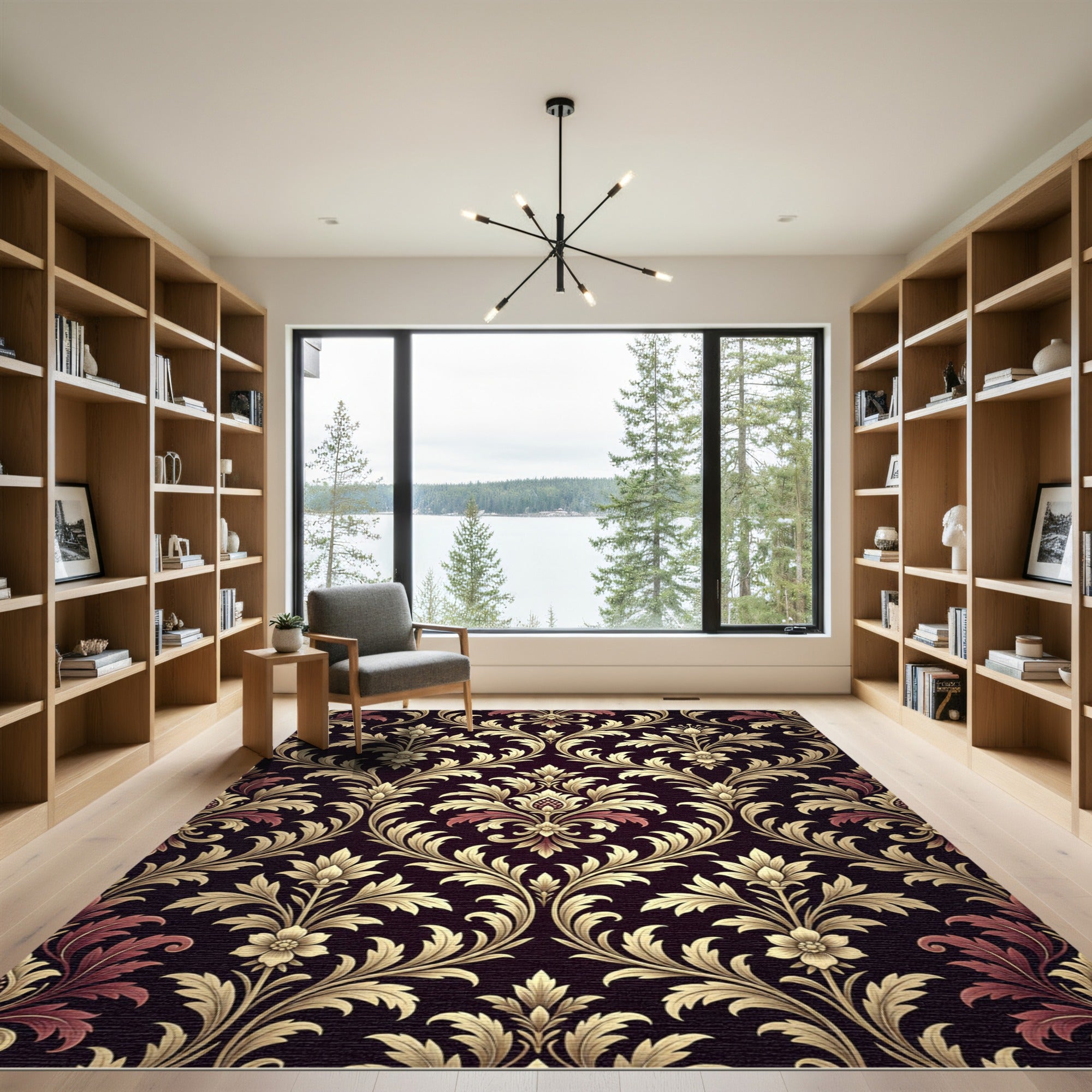 Golden Damask Floral Scroll Noir Rug
