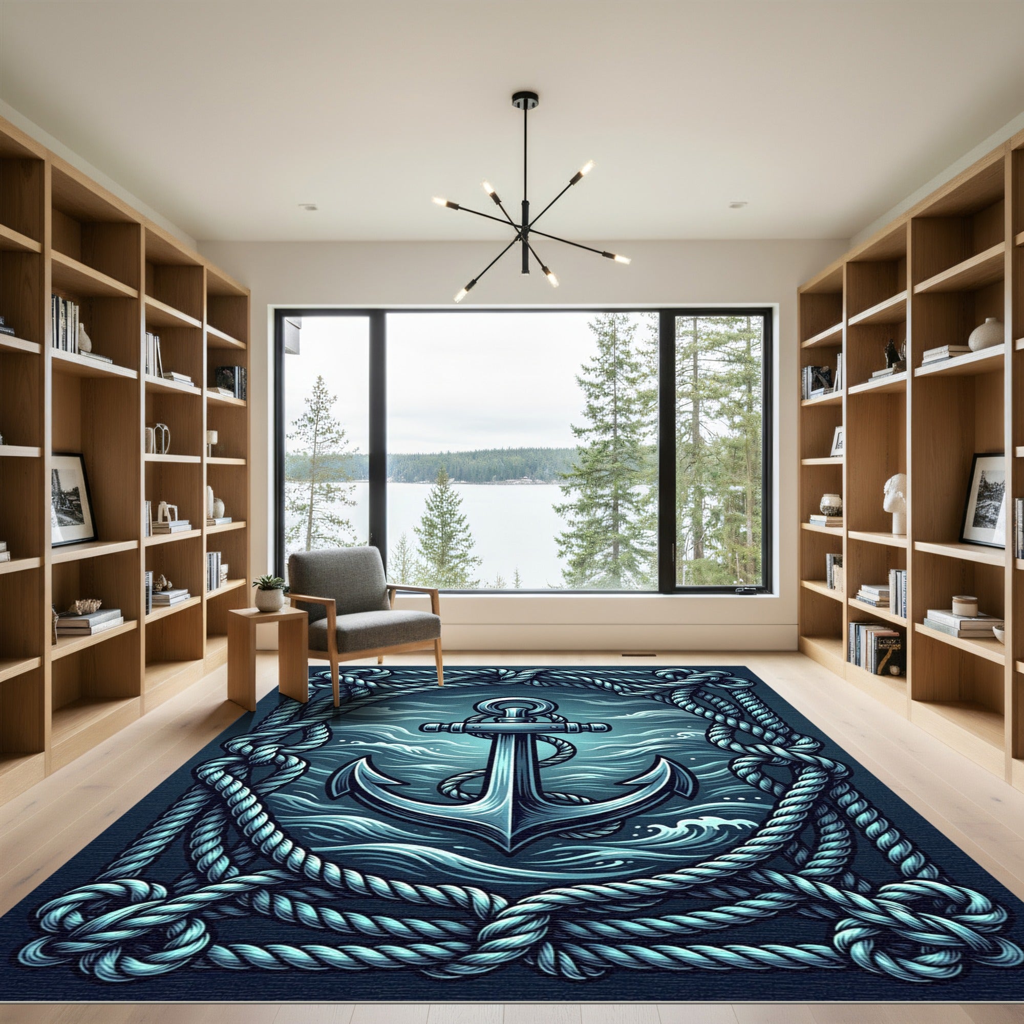 Blue Nautical Anchor Marine Rope Rug