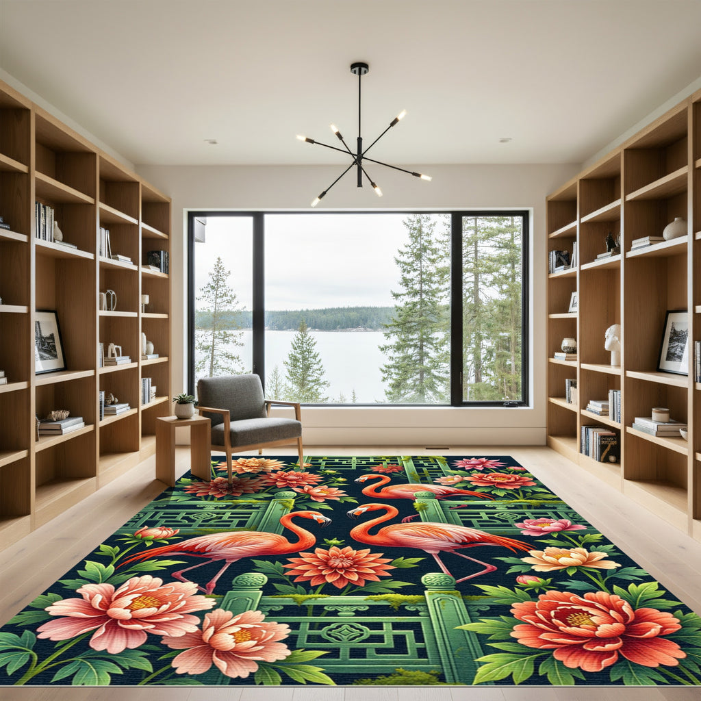 Elegant Flamingo Peony Chinoiserie Art Rug