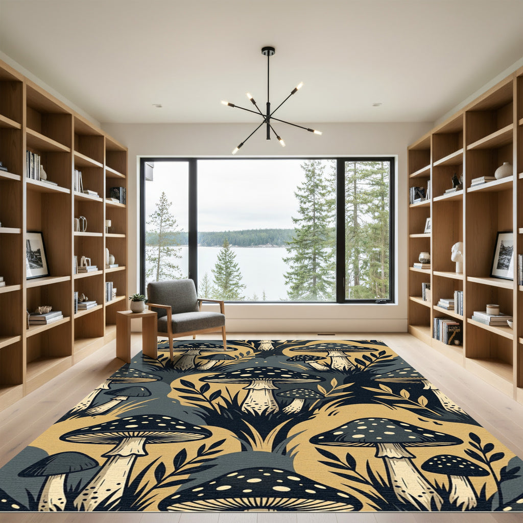Whimsical Golden Mushroom Forest Botanical Rug