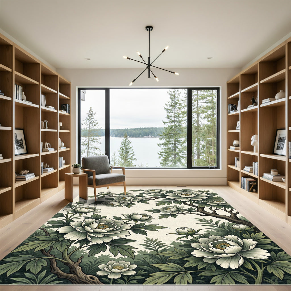 Elegant White Peony Botanical Garden Rug