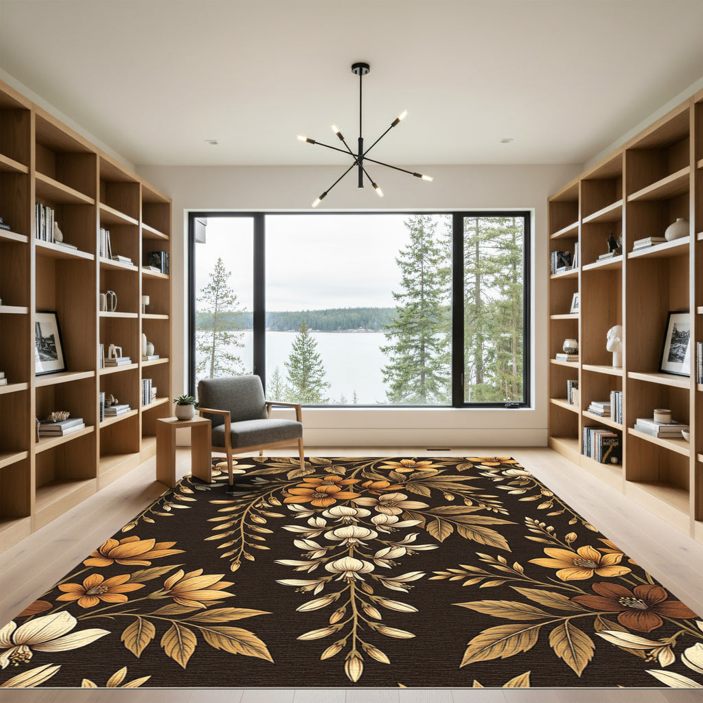 Ornate Ochre Floral Vine Swirls Rug