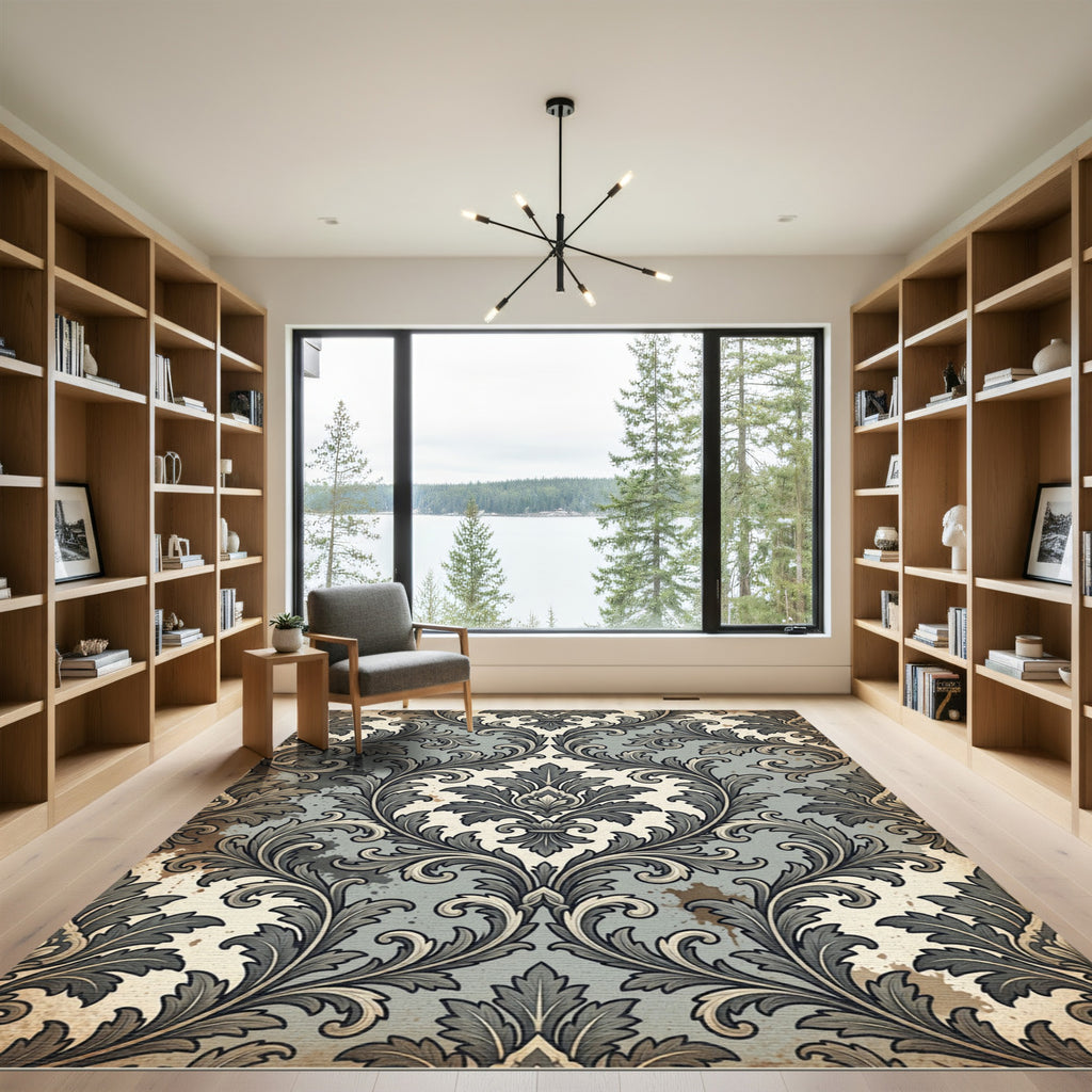 Elegant Damask Scroll Slate Gray Rug