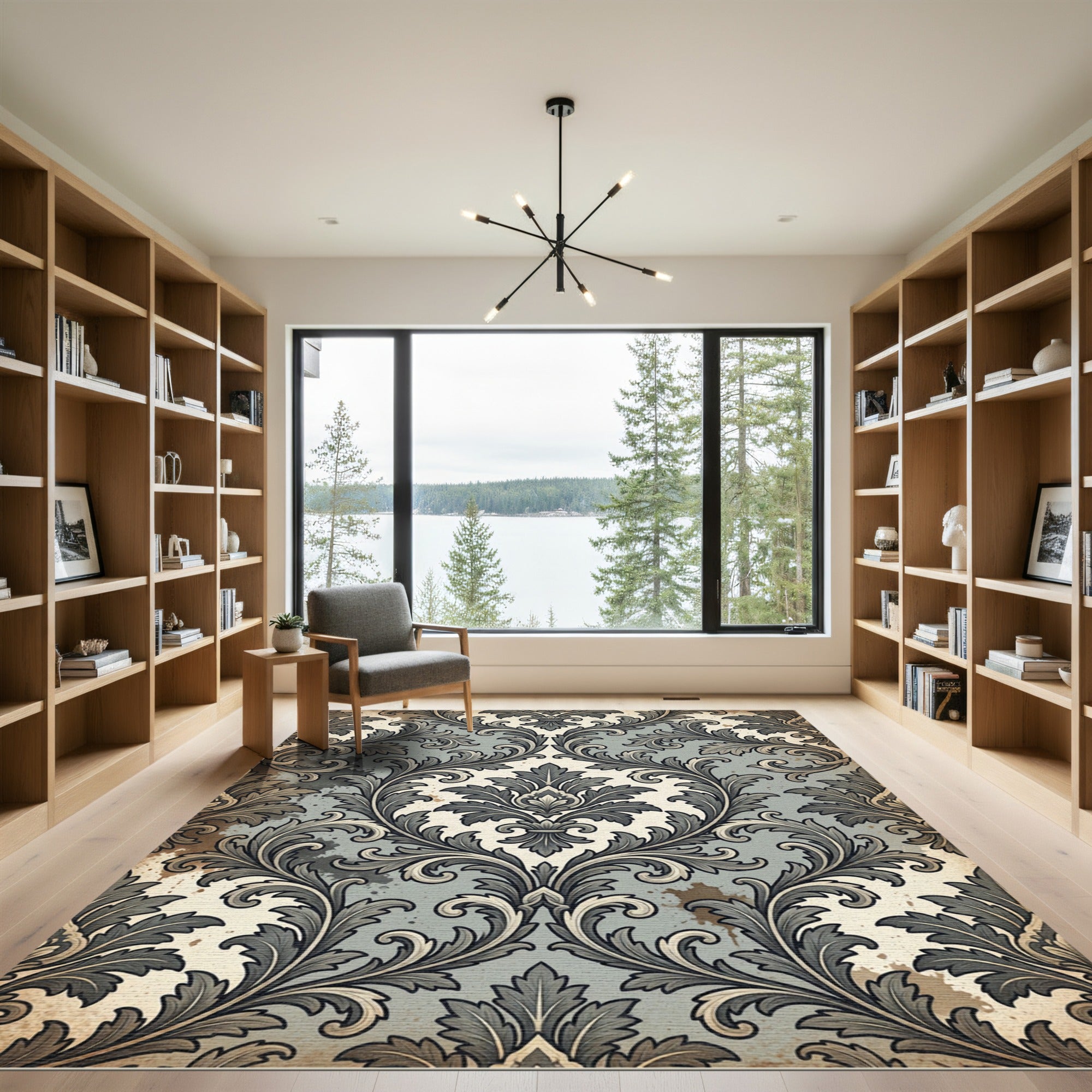 Elegant Damask Scroll Slate Gray Rug
