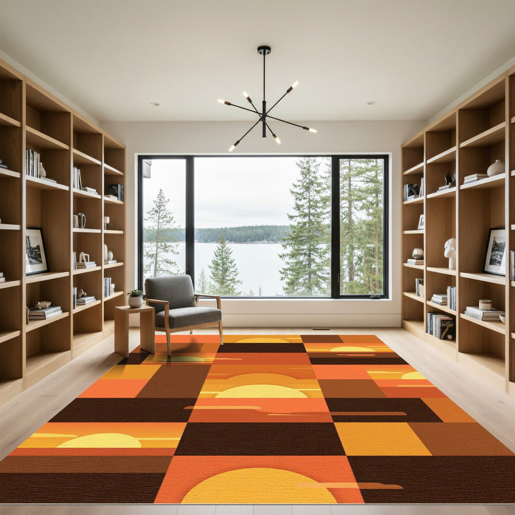 Geometric Sunset Grid Warm Amber Art Rug