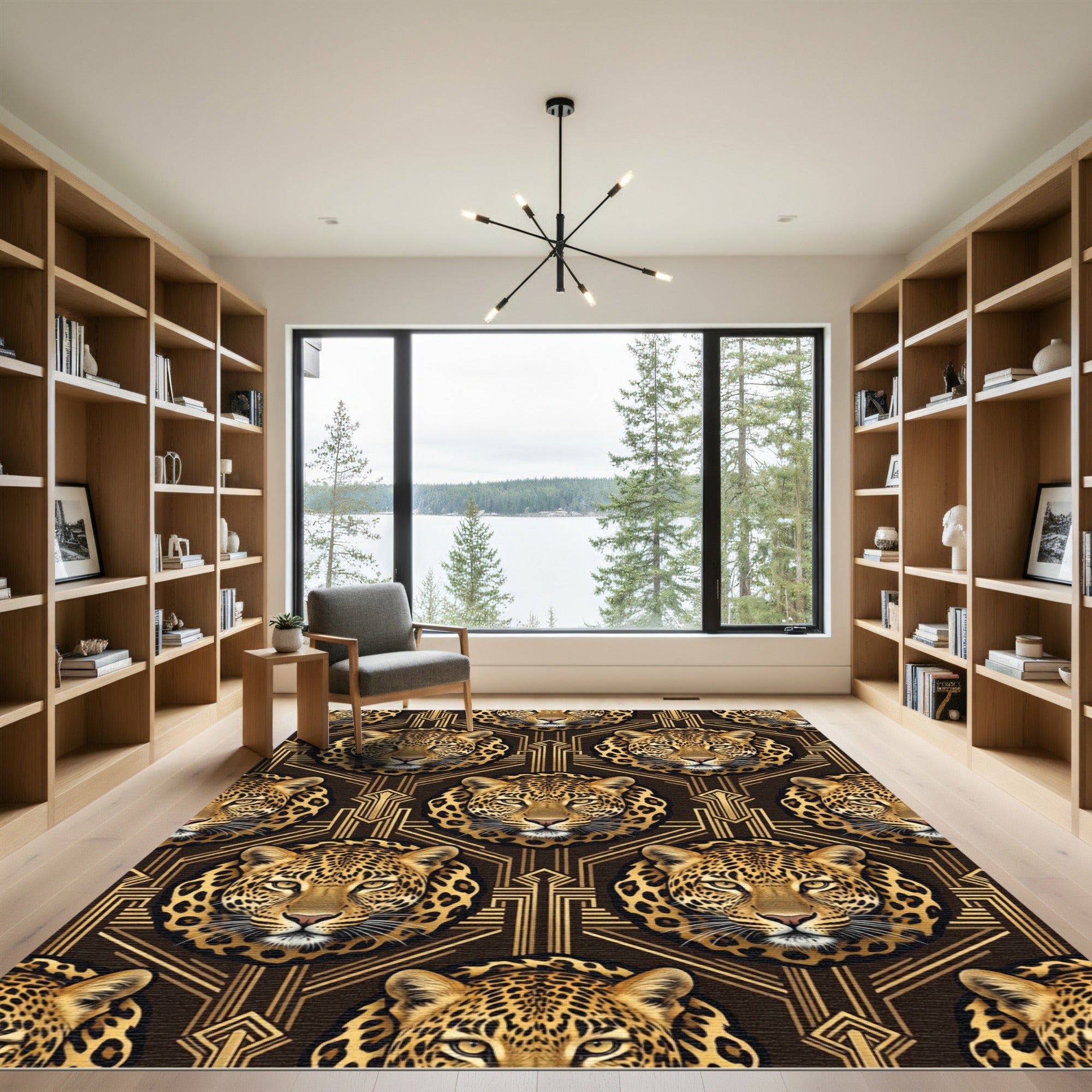 Art Deco Leopard Head Geometric Gold Rug