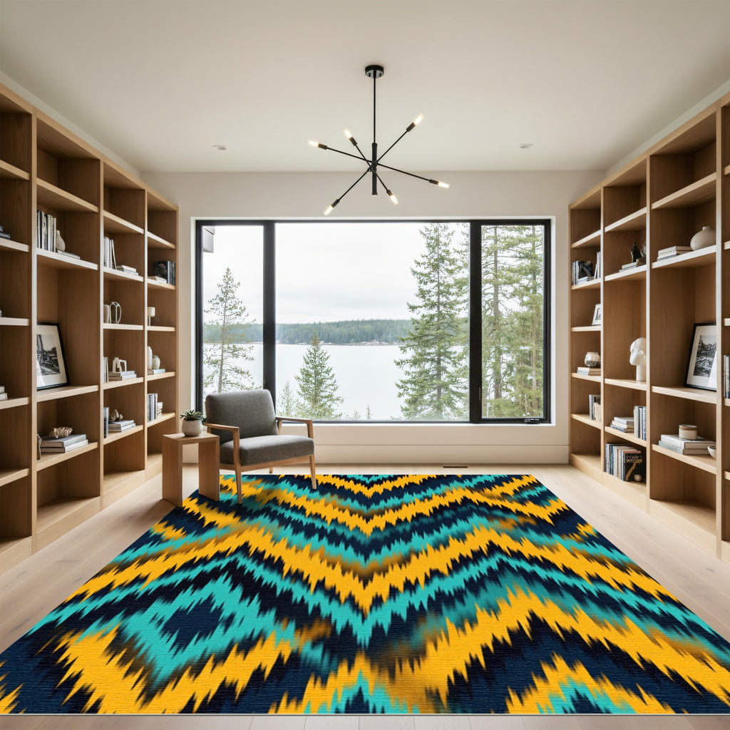 Bold Teal Yellow Ikat Chevron Rug