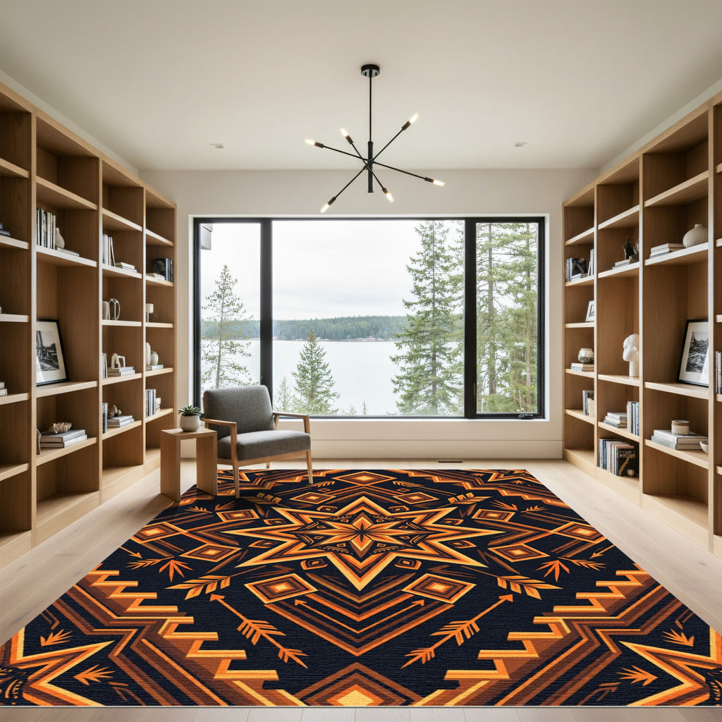 Geometric Golden Star Amber Aztec Art Rug