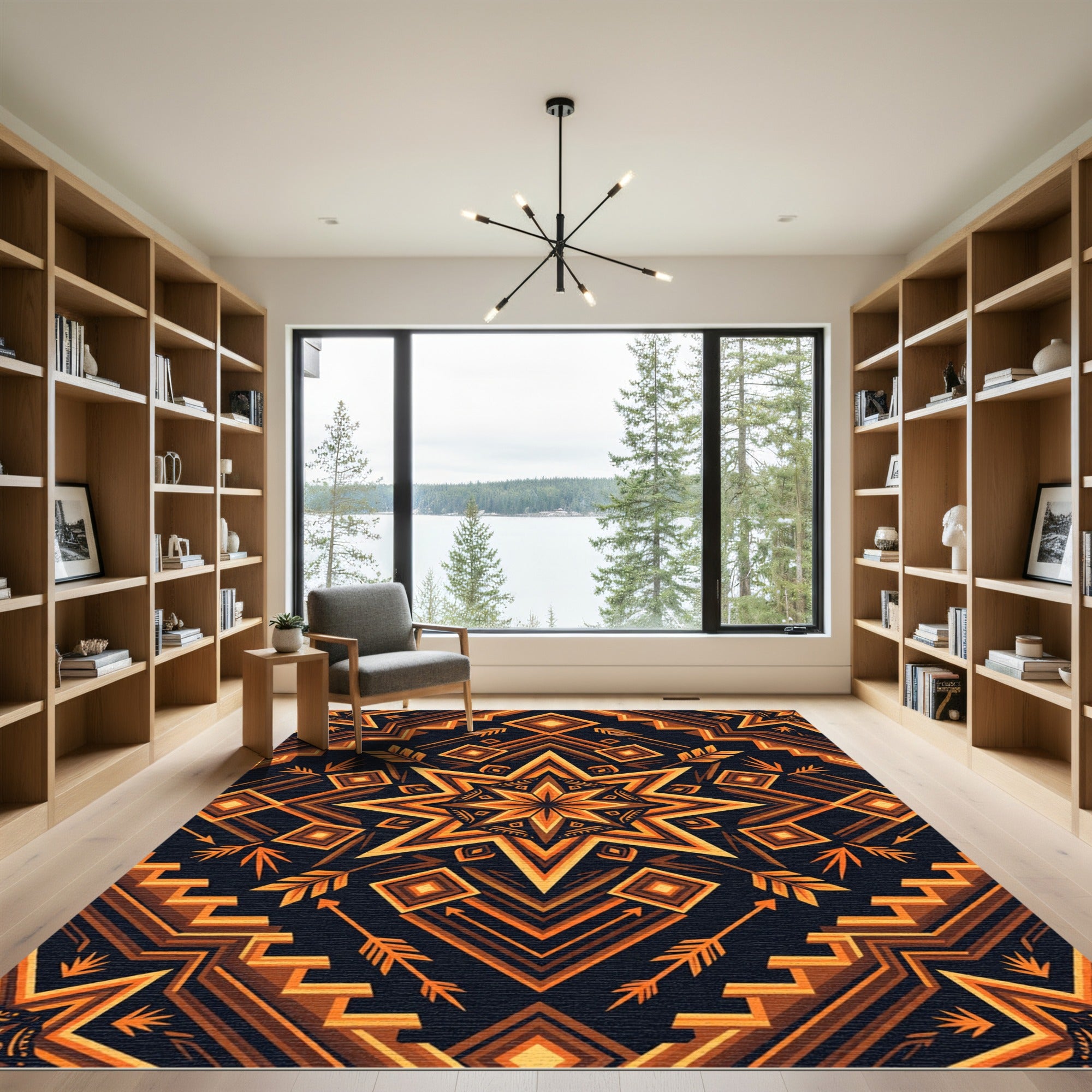 Geometric Golden Star Amber Aztec Art Rug