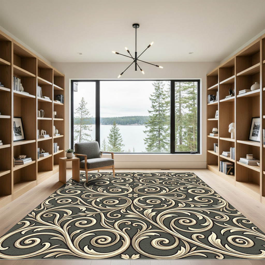 Ornate Gold Swirl Foliage on Gray Rug