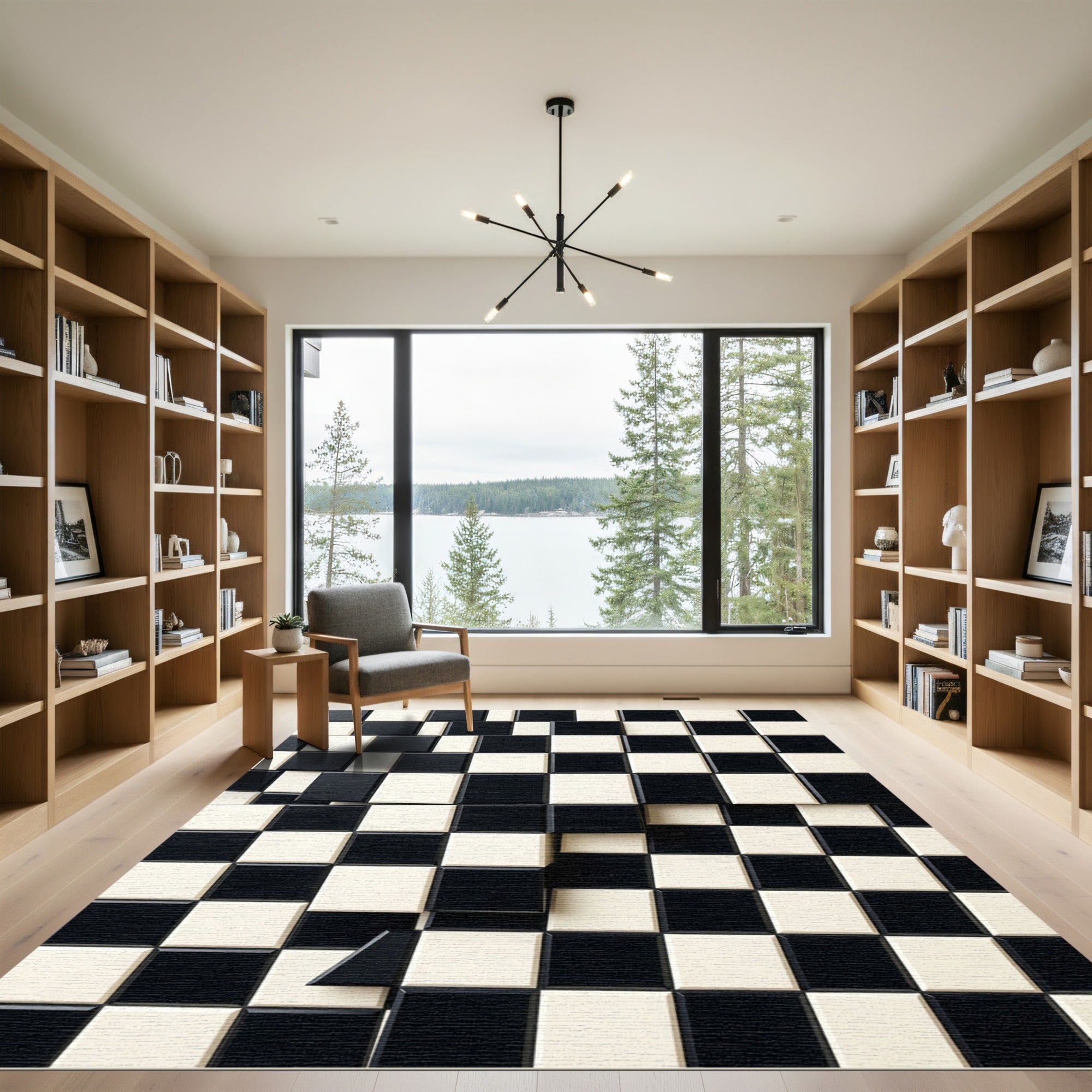 Modern Monochromatic Geometric Interlocking Checkered Grid Rug