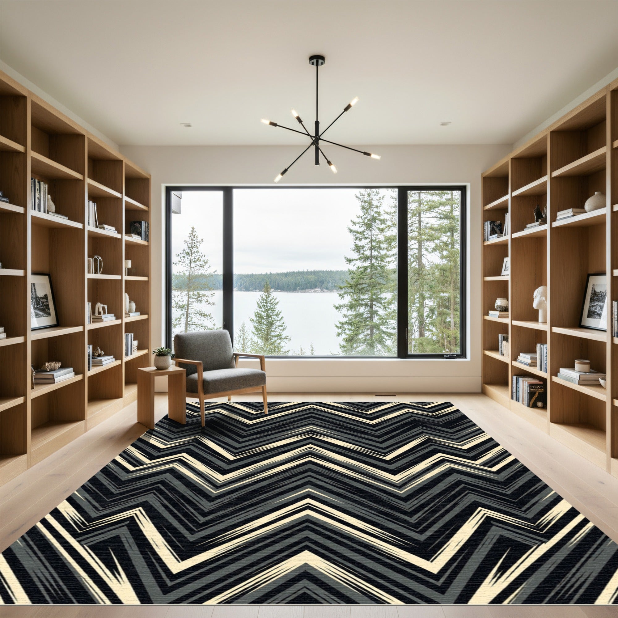 Modern Monochrome Chevron Zigzag Geometric Rug