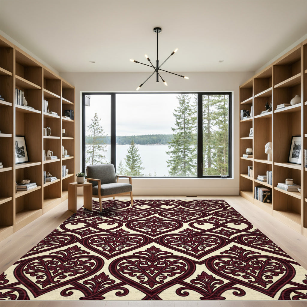 Ornate Crimson Heart Interlocking Pattern Rug