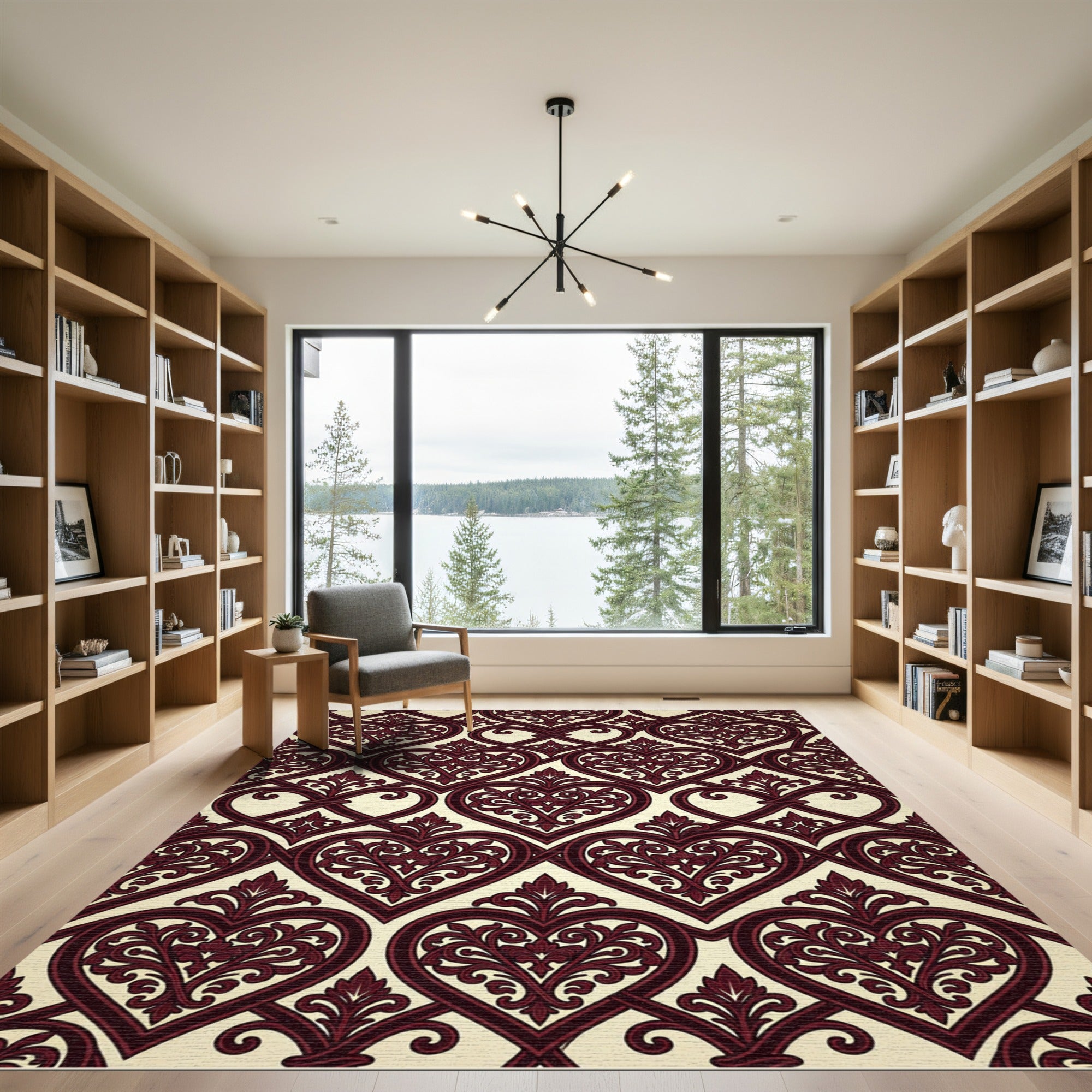Ornate Crimson Heart Interlocking Pattern Rug