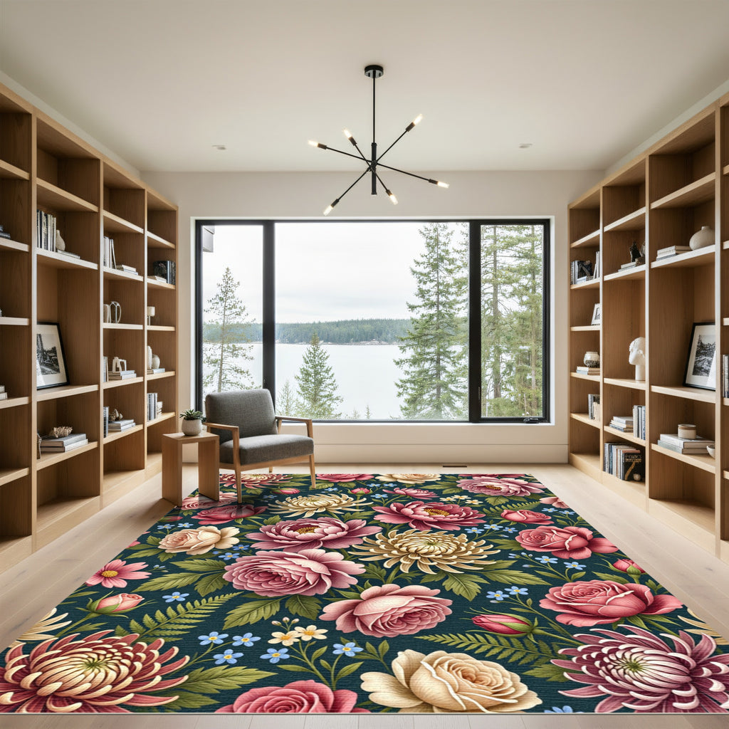 Deep Teal Floral Garden Roses Rug
