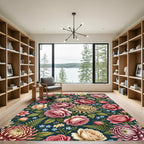 Deep Teal Floral Garden Roses Rug