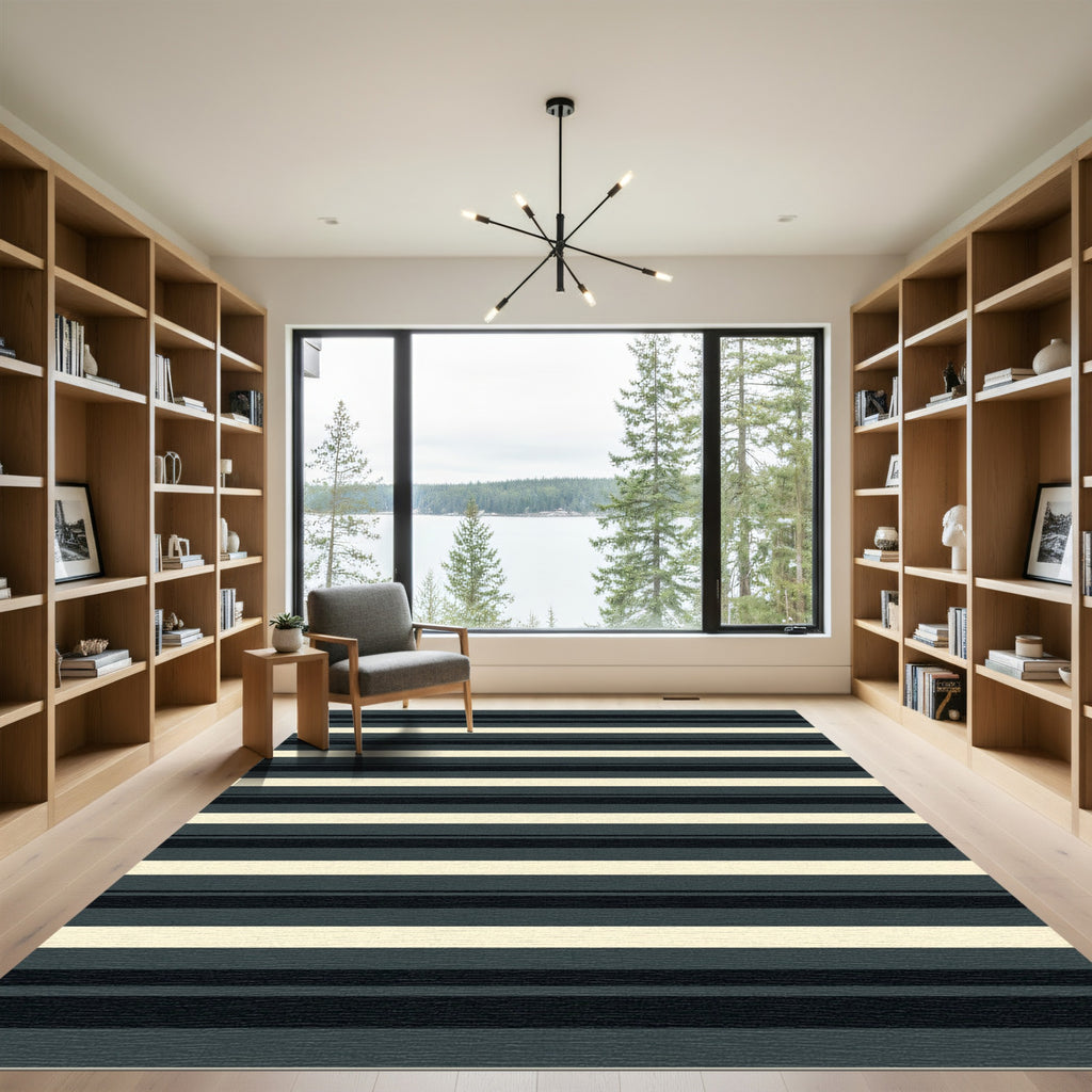 Classic Charcoal Cream Horizontal Stripe Rug