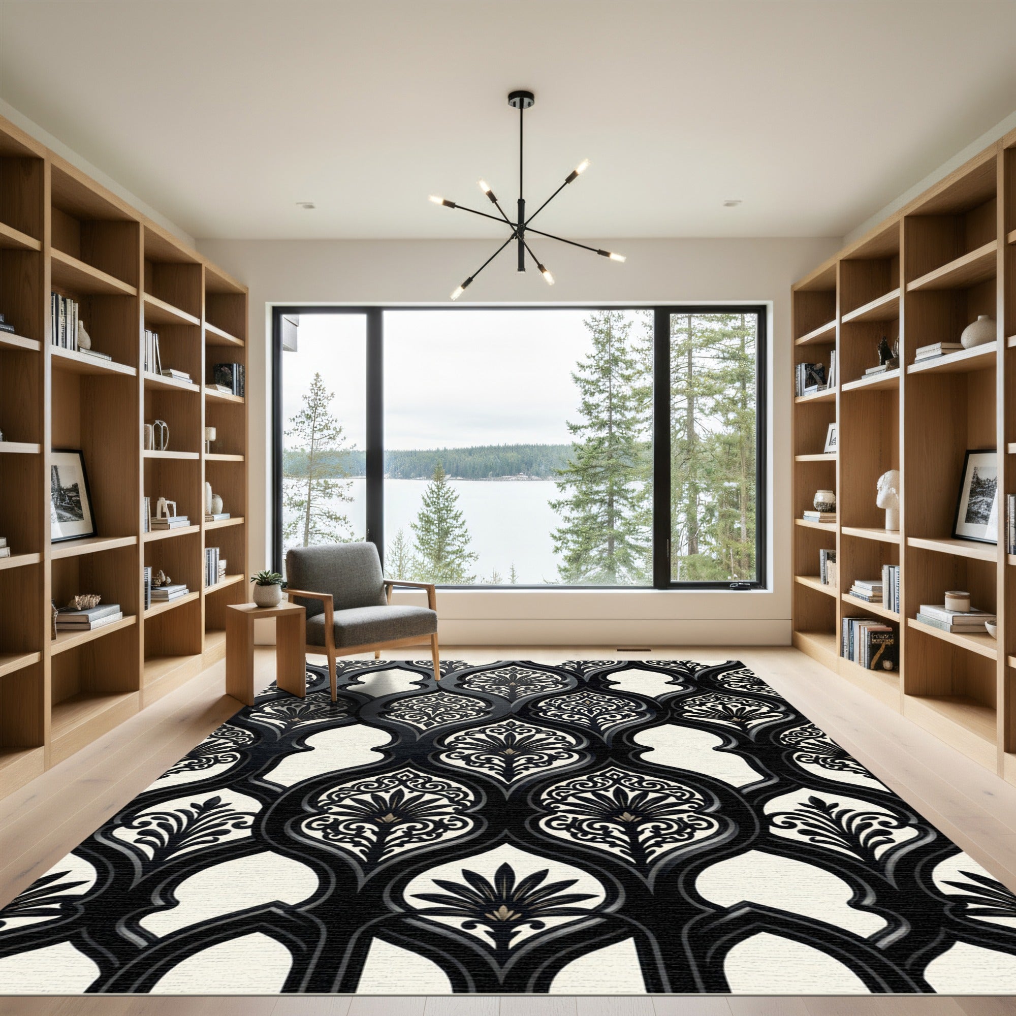 Monochrome Damask Victorian Scroll Rug