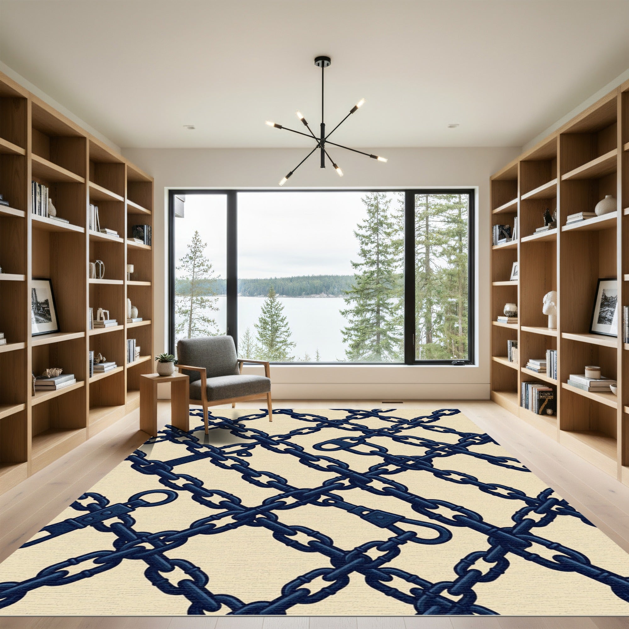 Navy Blue Interlocking Linked Chain Grid Rug