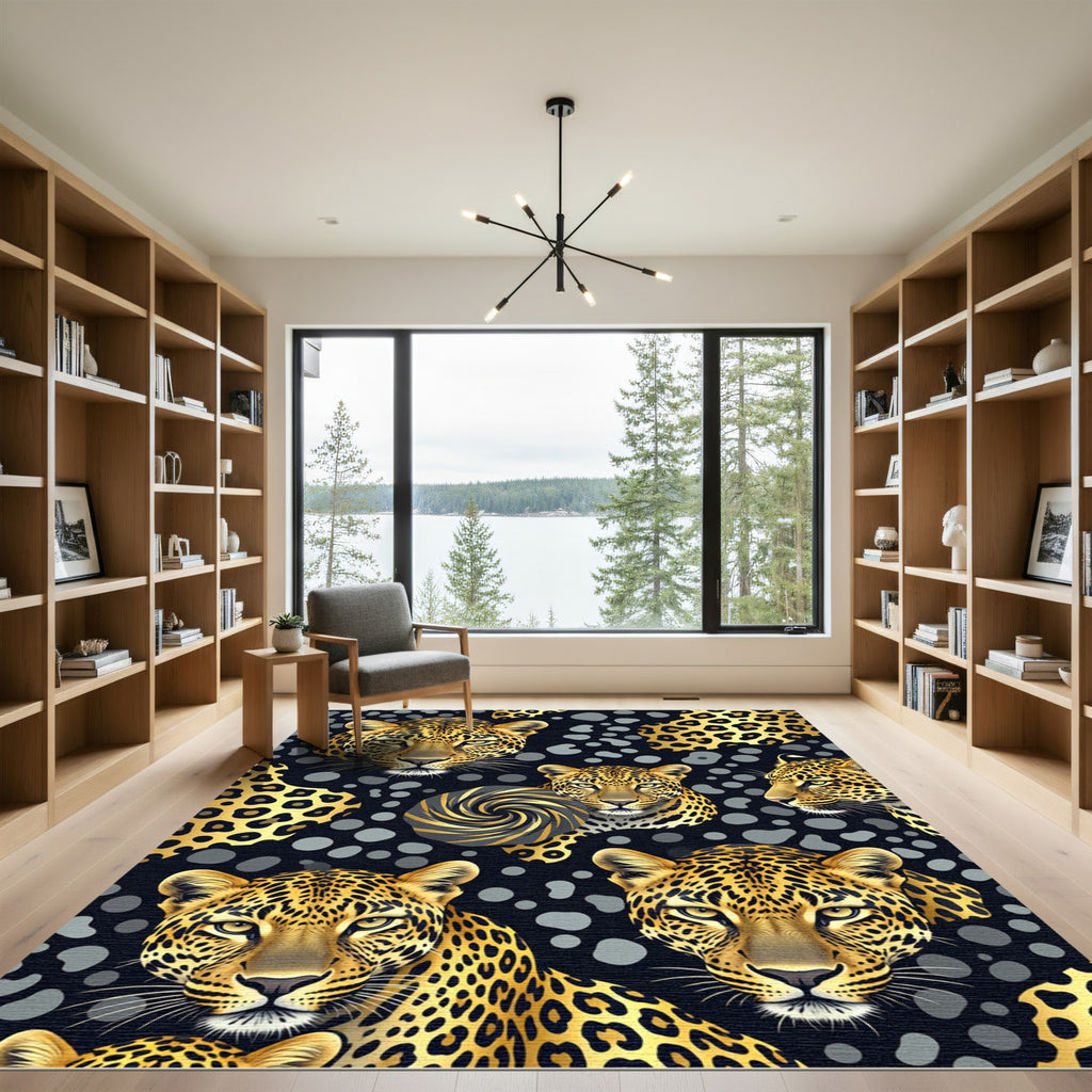 Golden Leopard Portraits with Swirl Accent Rug