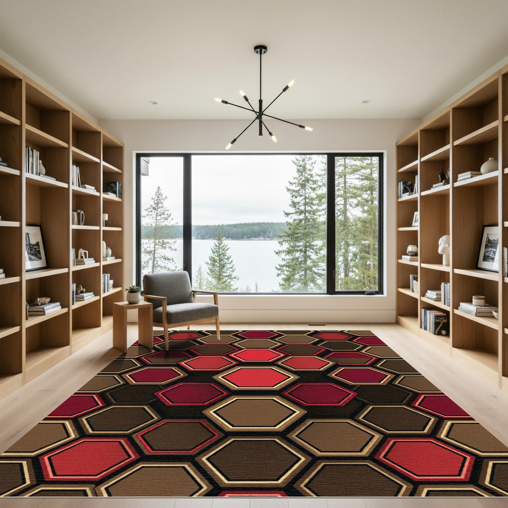 Crimson Brown Gold Hexagon Grid Rug