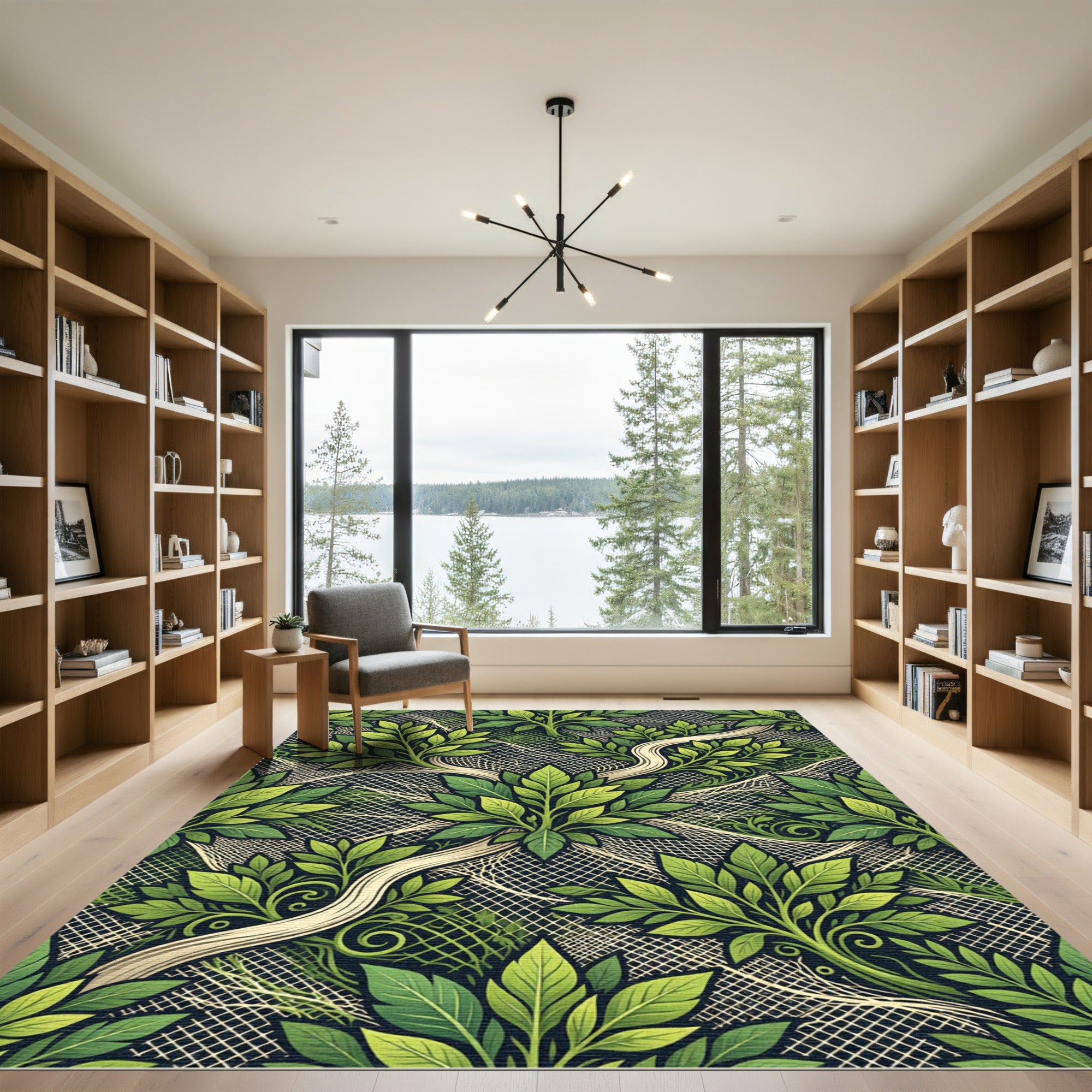 Lush Green Tropical Foliage Botanical Cream Lattice Rug