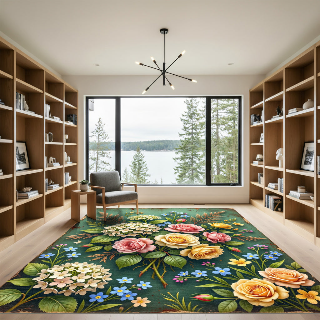 Pink Yellow Rose Hydrangea Floral Arrangement Rug