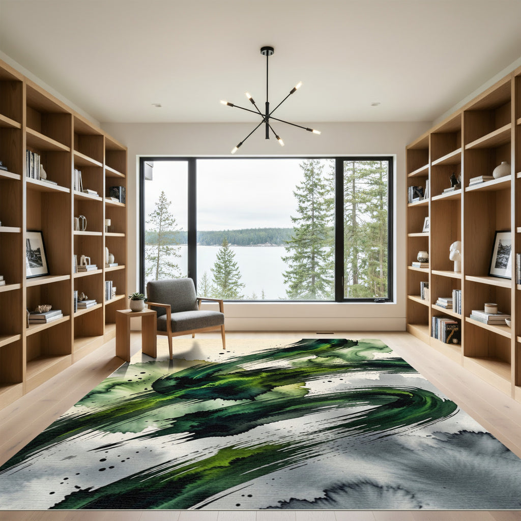 Emerald Abstract Ink Brush Stroke Swirl Rug