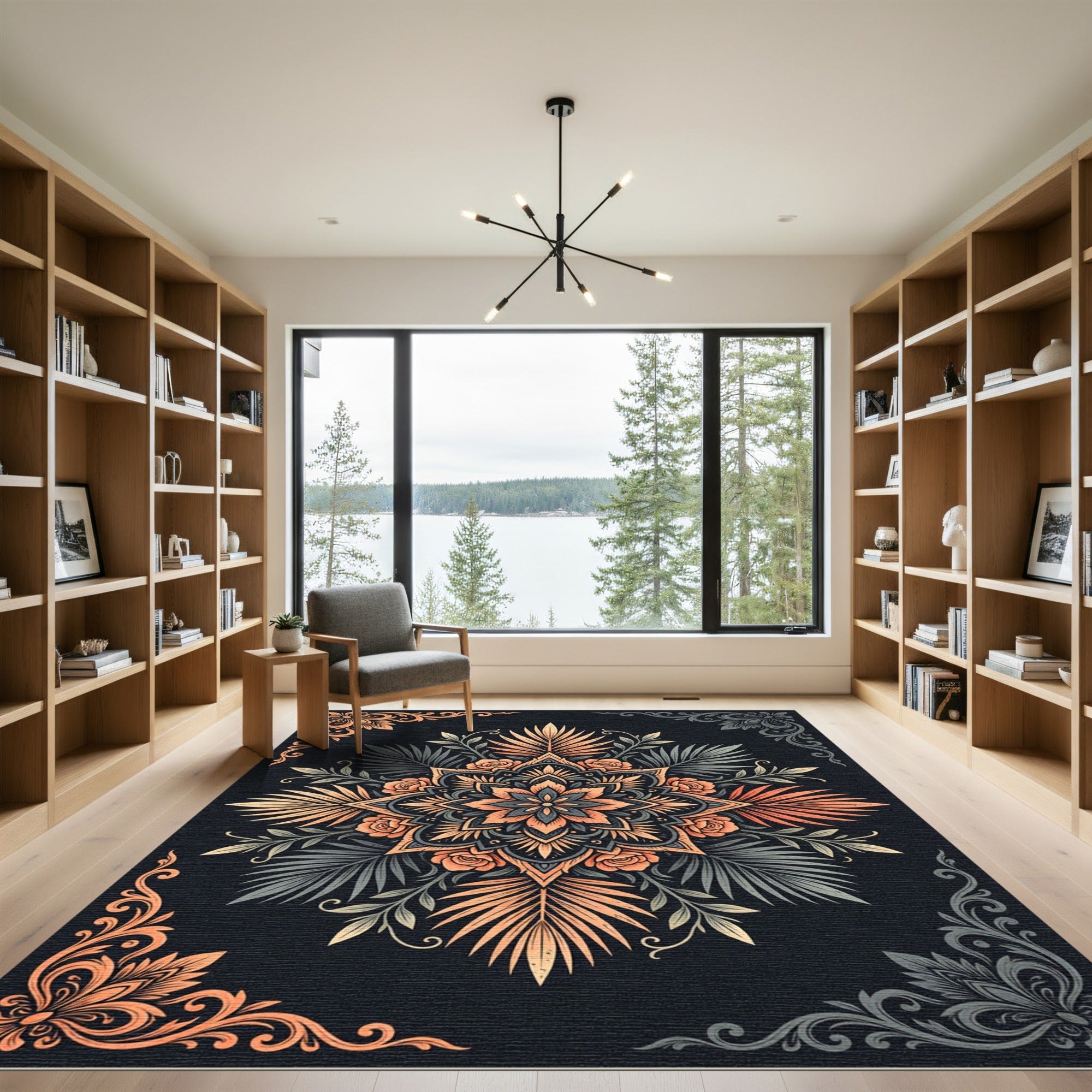 Coral Orange Floral Mandalas with Foliage Rug