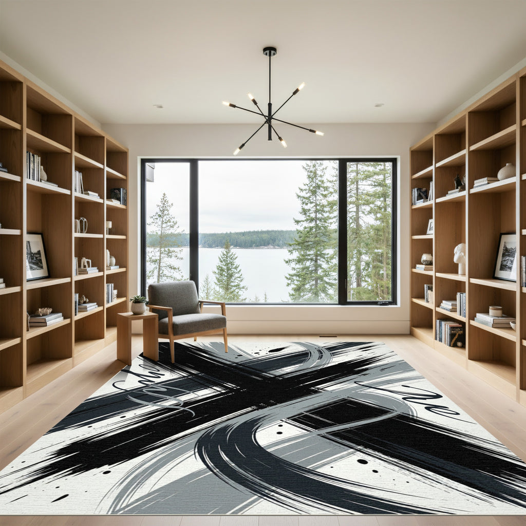 Modern Monochrome Abstract Brush Stroke Art Rug