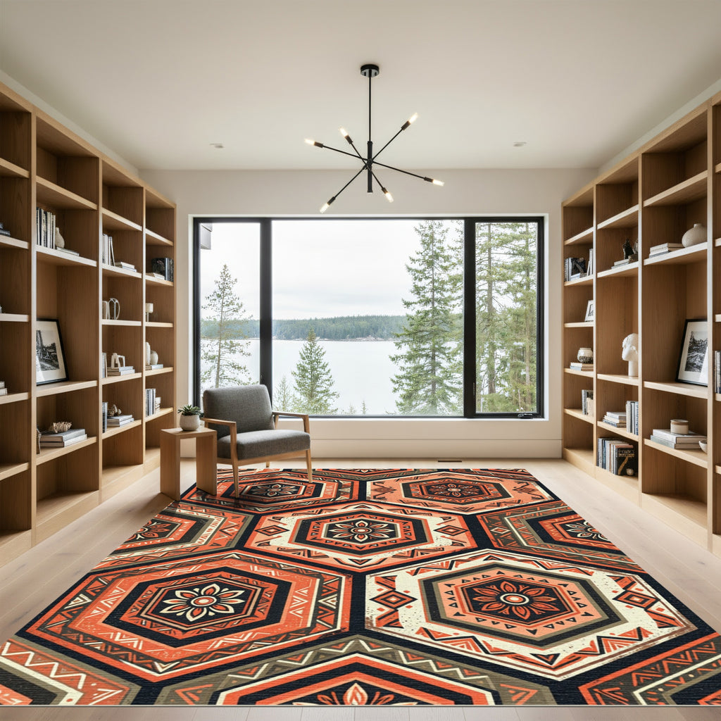 Terracotta Hexagon Floral Geometric Boho Rug