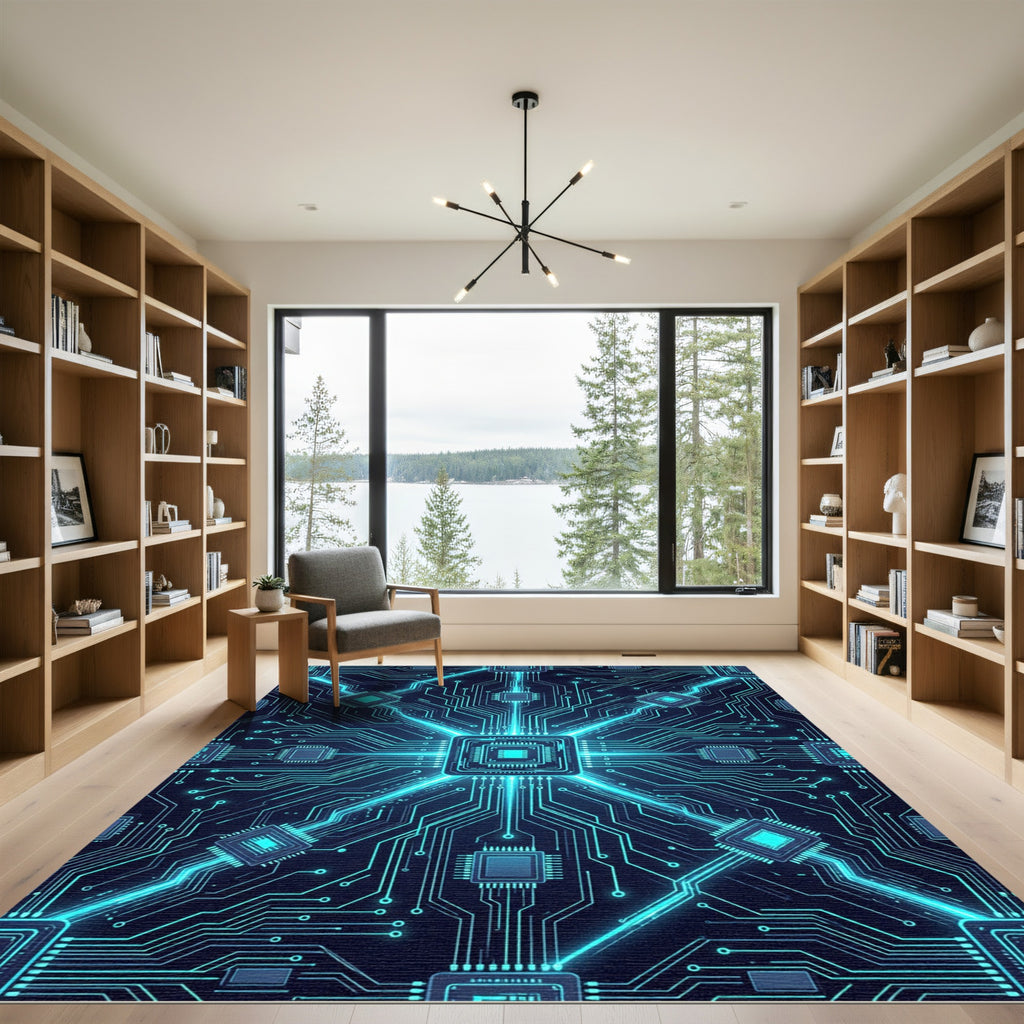 Luminous Cybernetic Circuit Board Blueprint Rug