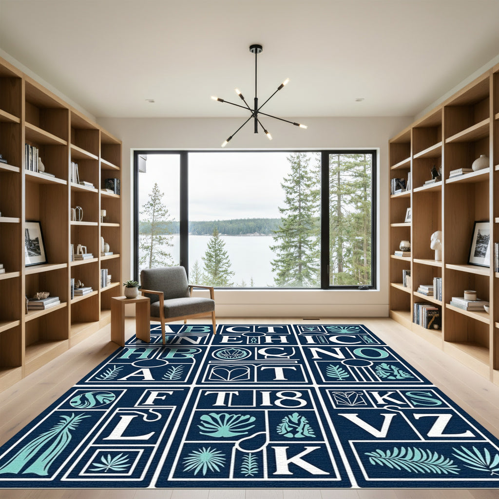 Navy Teal Botanical Letter Collage Rug