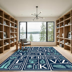 Navy Teal Botanical Letter Collage Rug