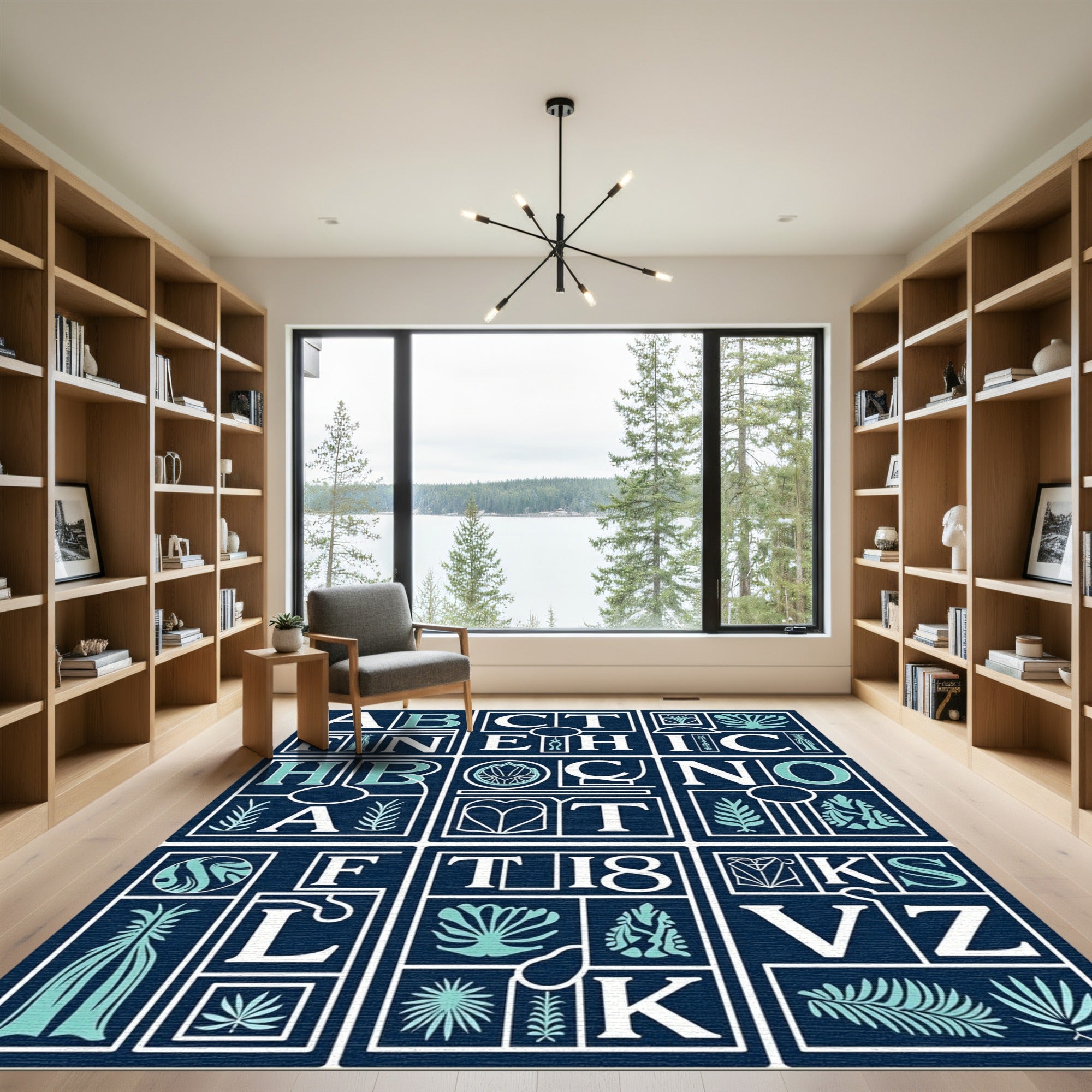 Navy Teal Botanical Letter Collage Rug