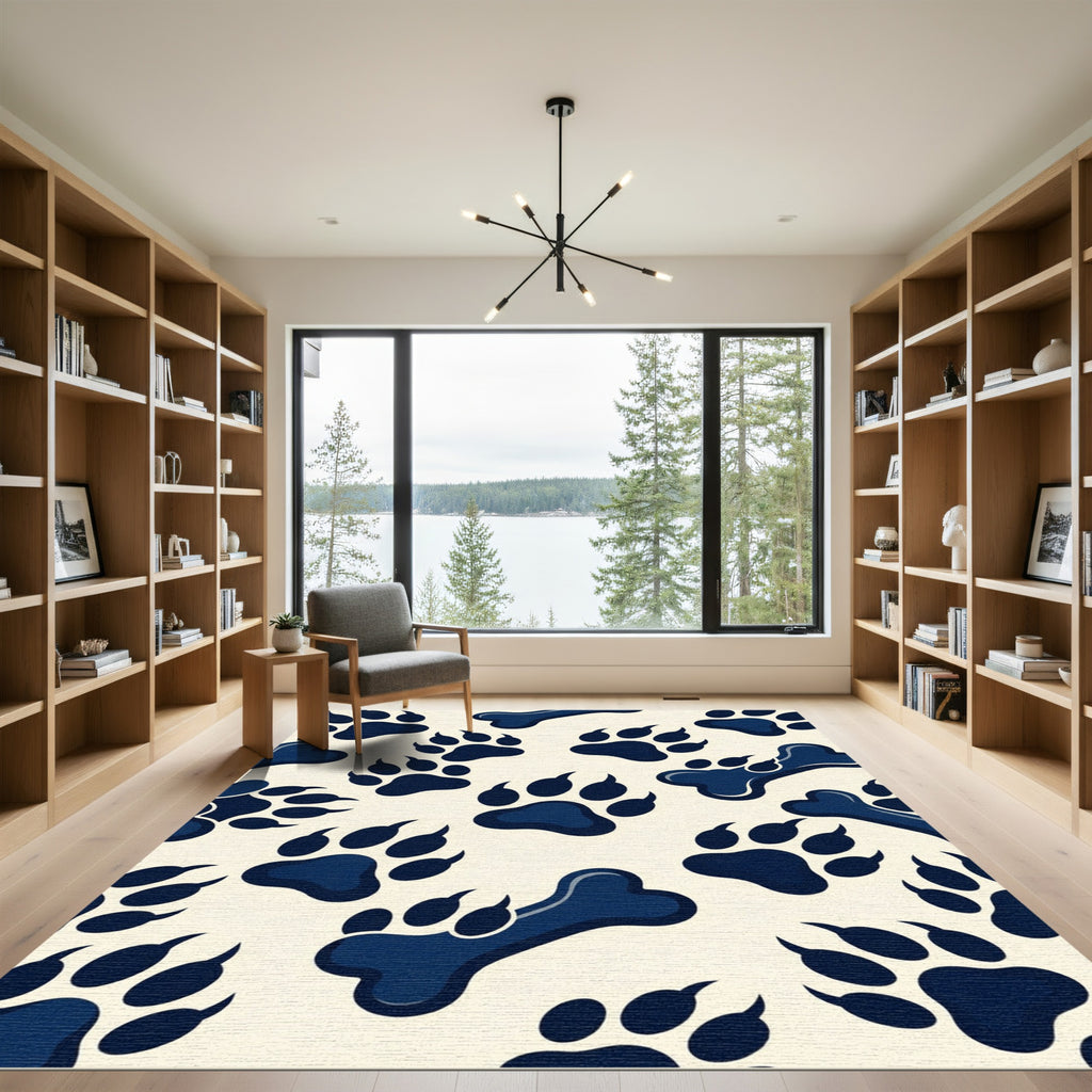 Playful Navy Paw Bone Illustration Rug