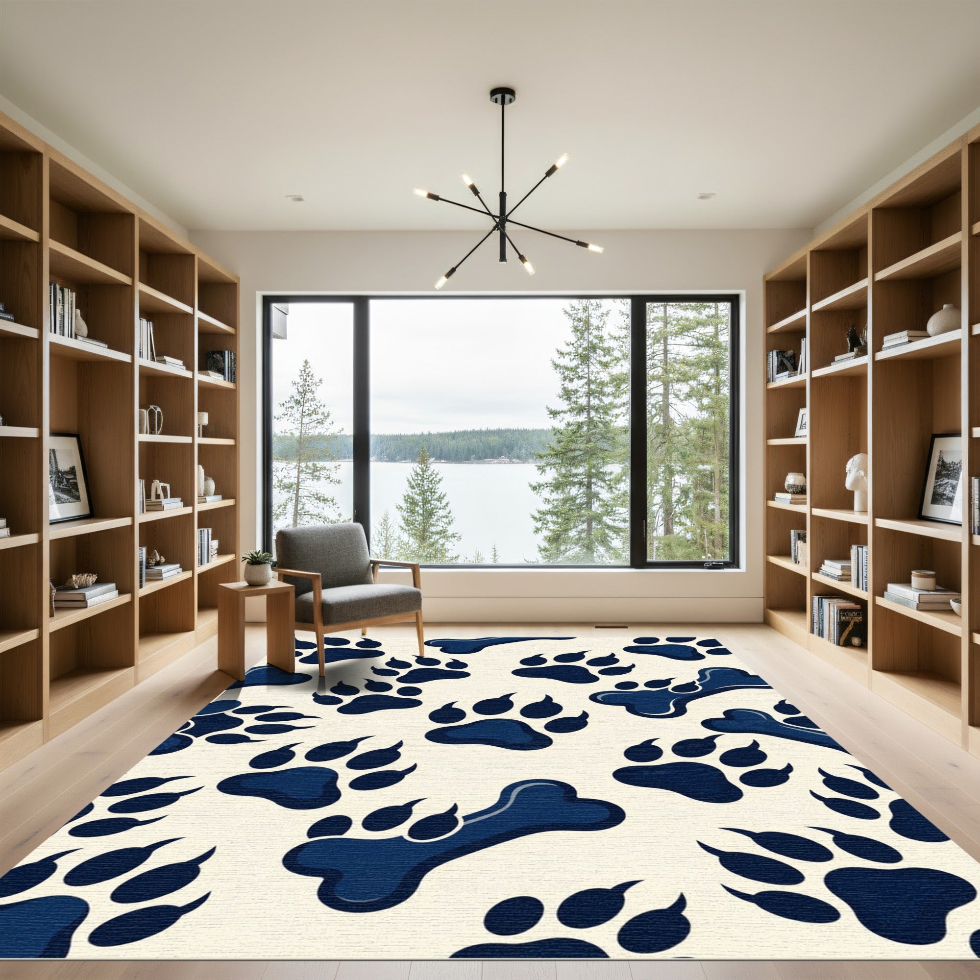 Playful Navy Paw Bone Illustration Rug