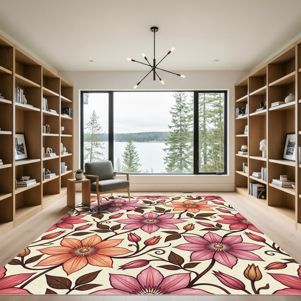 Elegant Pink Orange Clematis Floral Rug