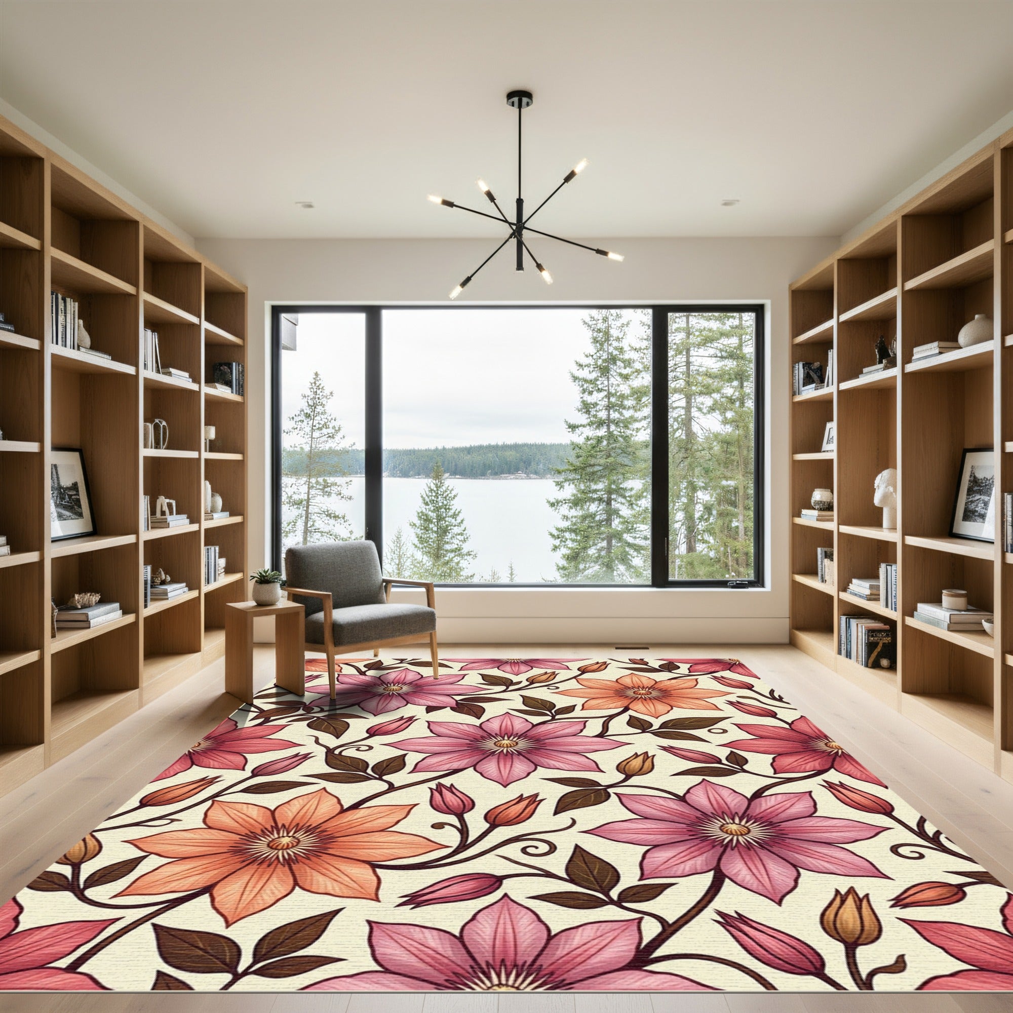 Elegant Pink Orange Clematis Floral Rug