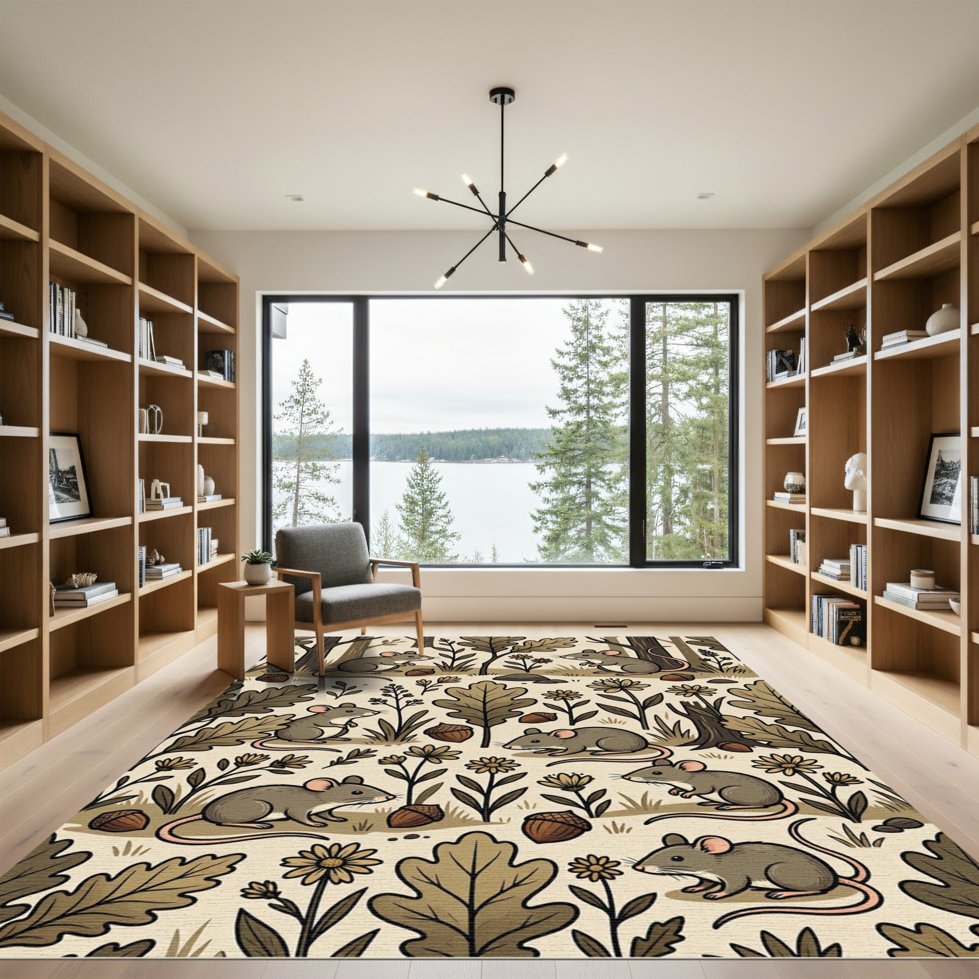 Whimsical Woodland Mouse and Acorn Illustration Rug
