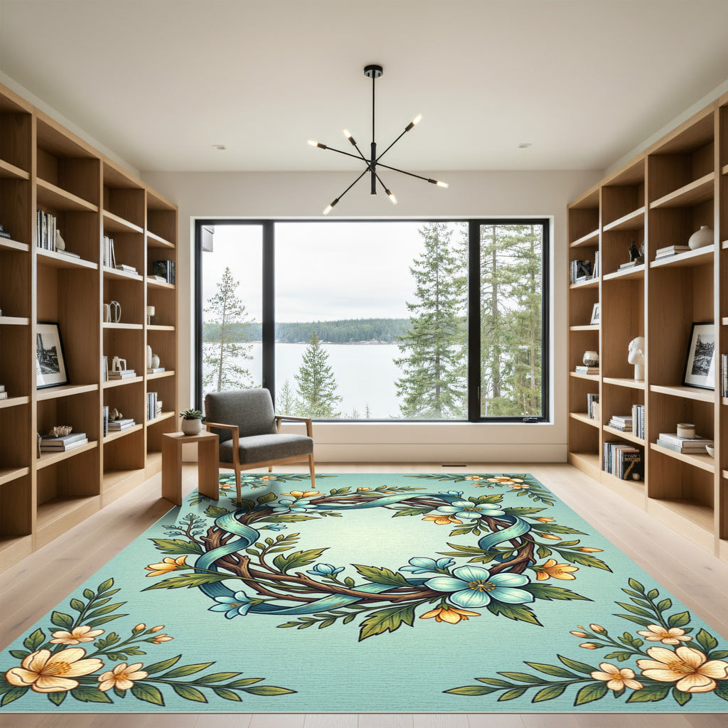 Whimsical Blue Floral Wreath Ribbon Rug