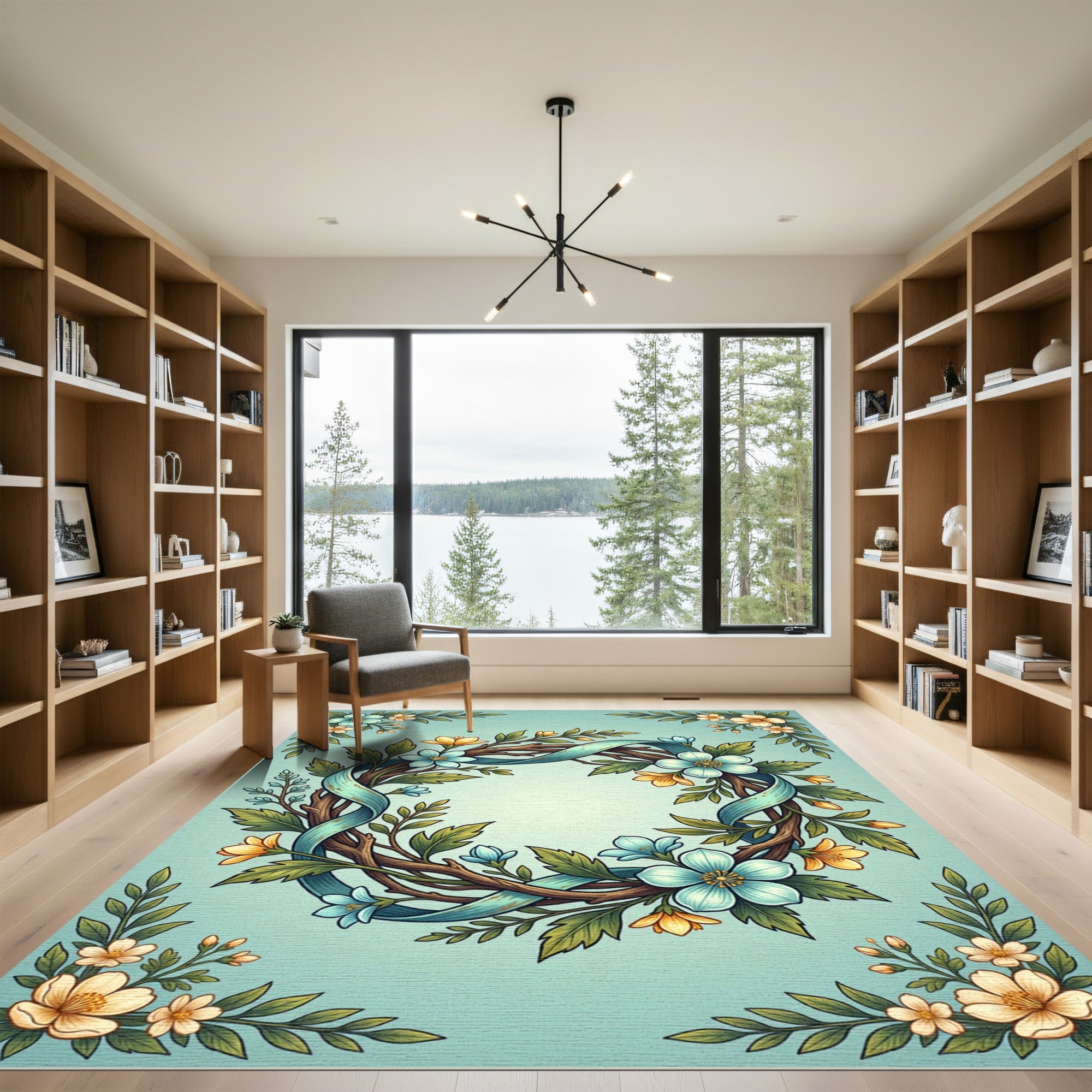 Whimsical Blue Floral Wreath Ribbon Rug