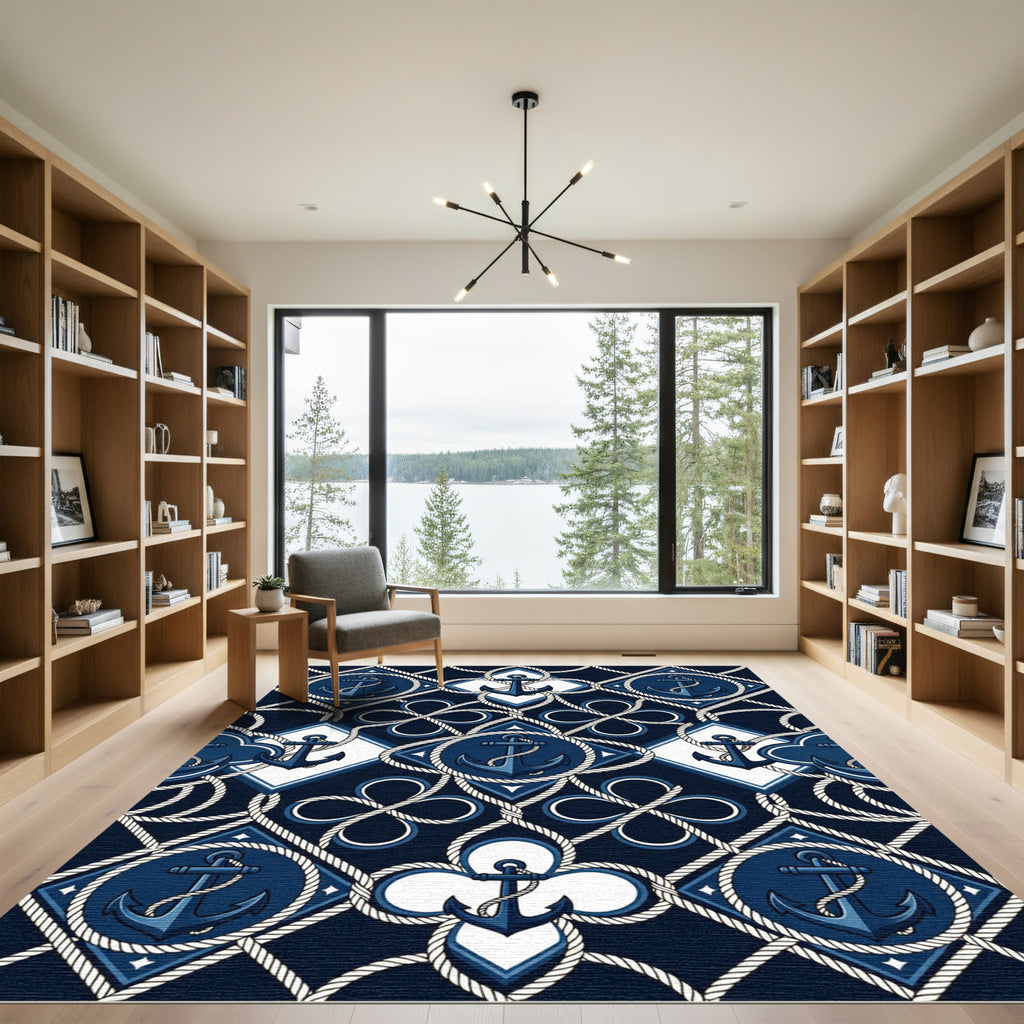 Navy Nautical Anchor Rope Geometric Rug