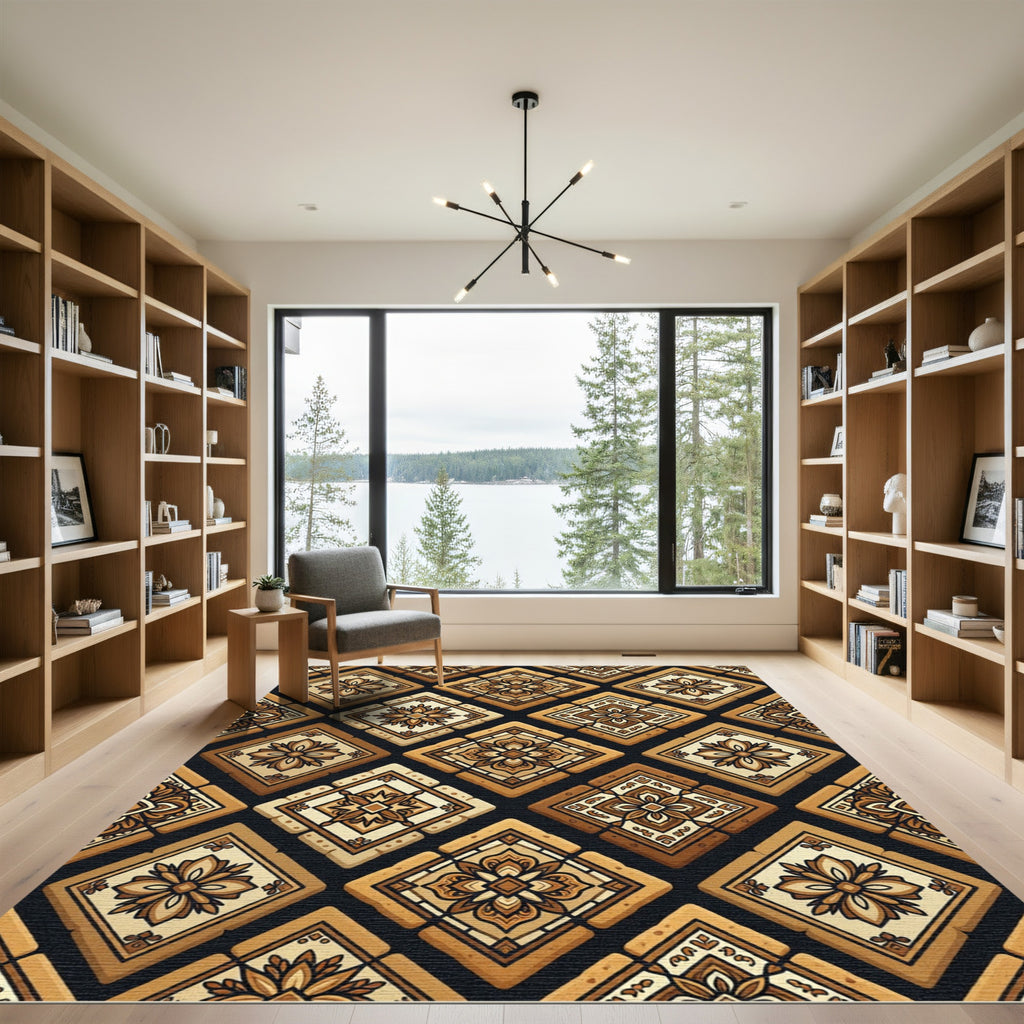 Ornate Golden Brown Geometric Tile Rug