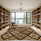 Ornate Golden Brown Geometric Tile Rug