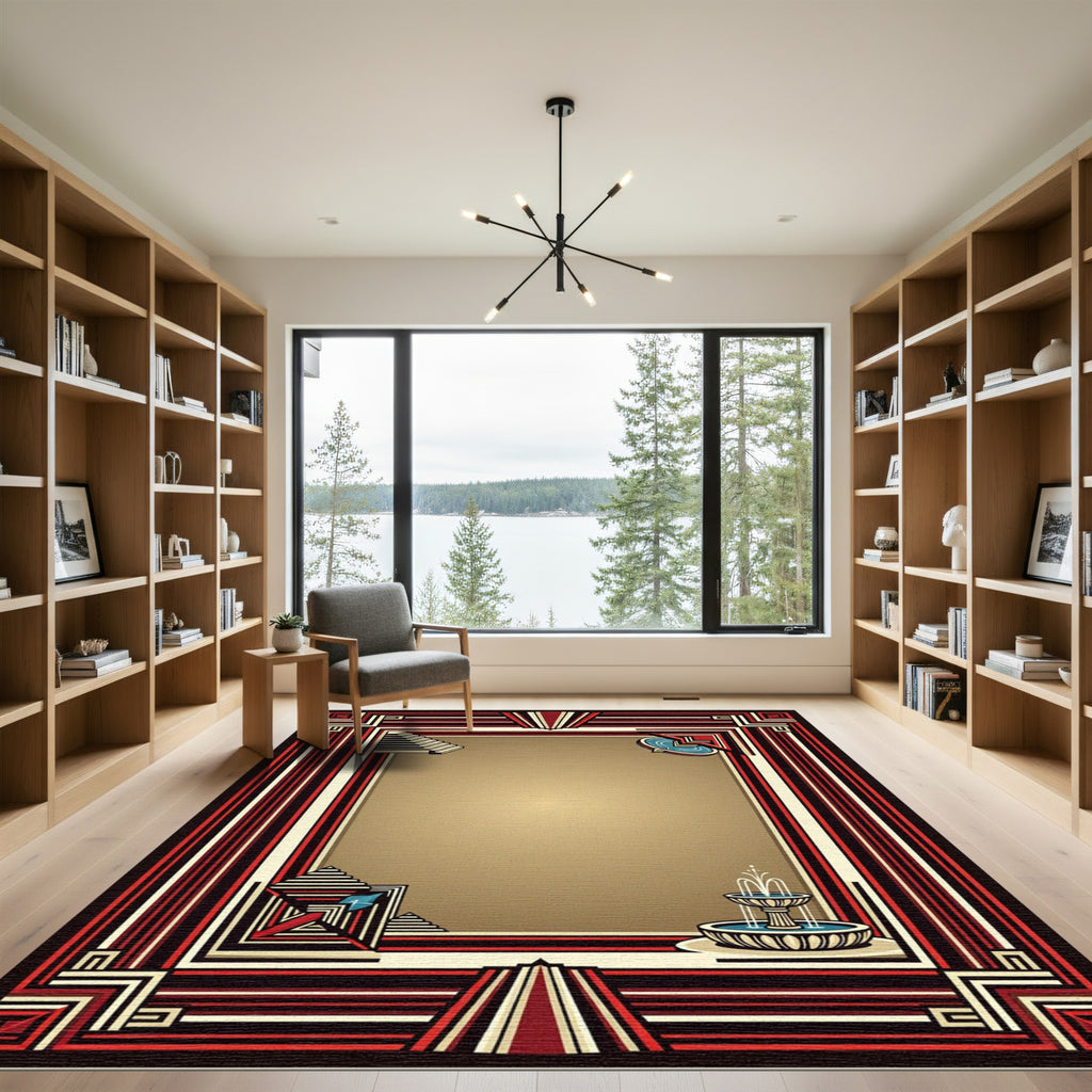 Art Deco Crimson Fountain Linear Border Rug